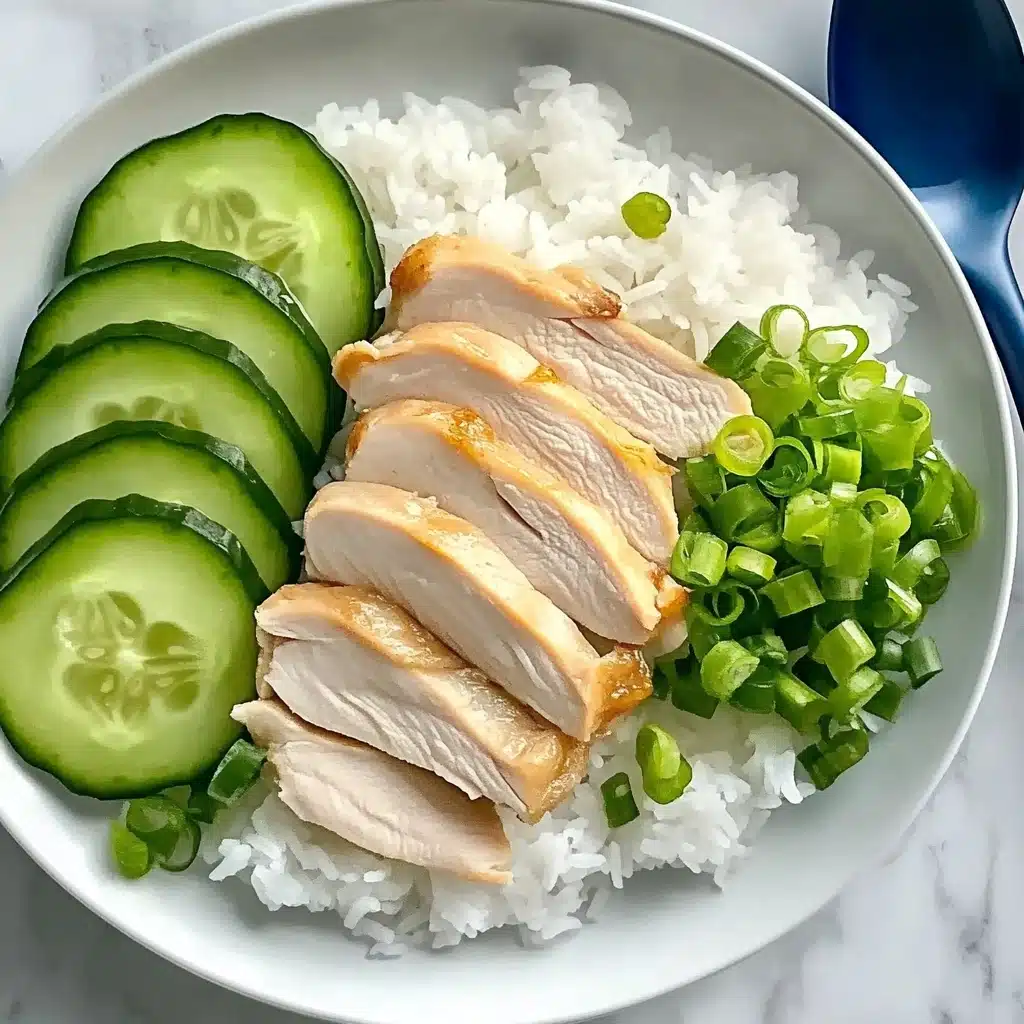 One Pot Hainanese Chicken and Rice, Hainanese Chicken Rice, Easy Chicken Rice Recipe, One Pot Chicken and Rice, Comforting Asian Chicken Dish A white bowl filled with a base layer of white rice, topped with neatly sliced light tan cooked chicken pieces placed in the center, surrounded on one side by bright green chopped scallions and on the other side by several slices of dark green cucumber with a pale green center. A dark blue spoon rests inside the bowl on the right side. The bowl is set on a white marbled surface.