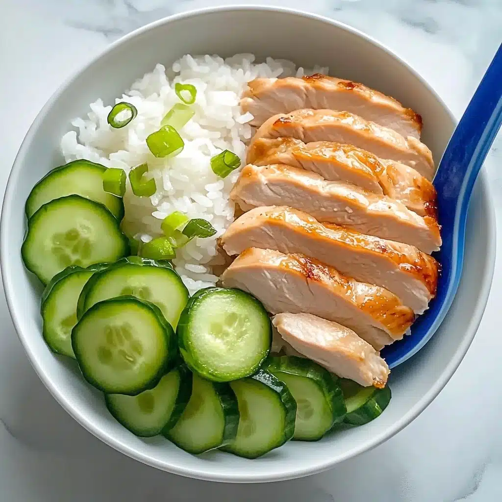 One Pot Hainanese Chicken and Rice, Hainanese Chicken Rice, Easy Chicken Rice Recipe, One Pot Chicken and Rice, Comforting Asian Chicken Dish A white plate holds a bed of white rice as the bottom layer, topped by six slices of cooked chicken with a light golden color arranged in a row along the center. Bright green chopped scallions are sprinkled on the chicken pieces. To the right of the chicken, there is a neat stack of thin cucumber slices showing light green flesh and darker green edges. A blue spoon rests on the edge of the plate. The plate is on a white marbled surface.