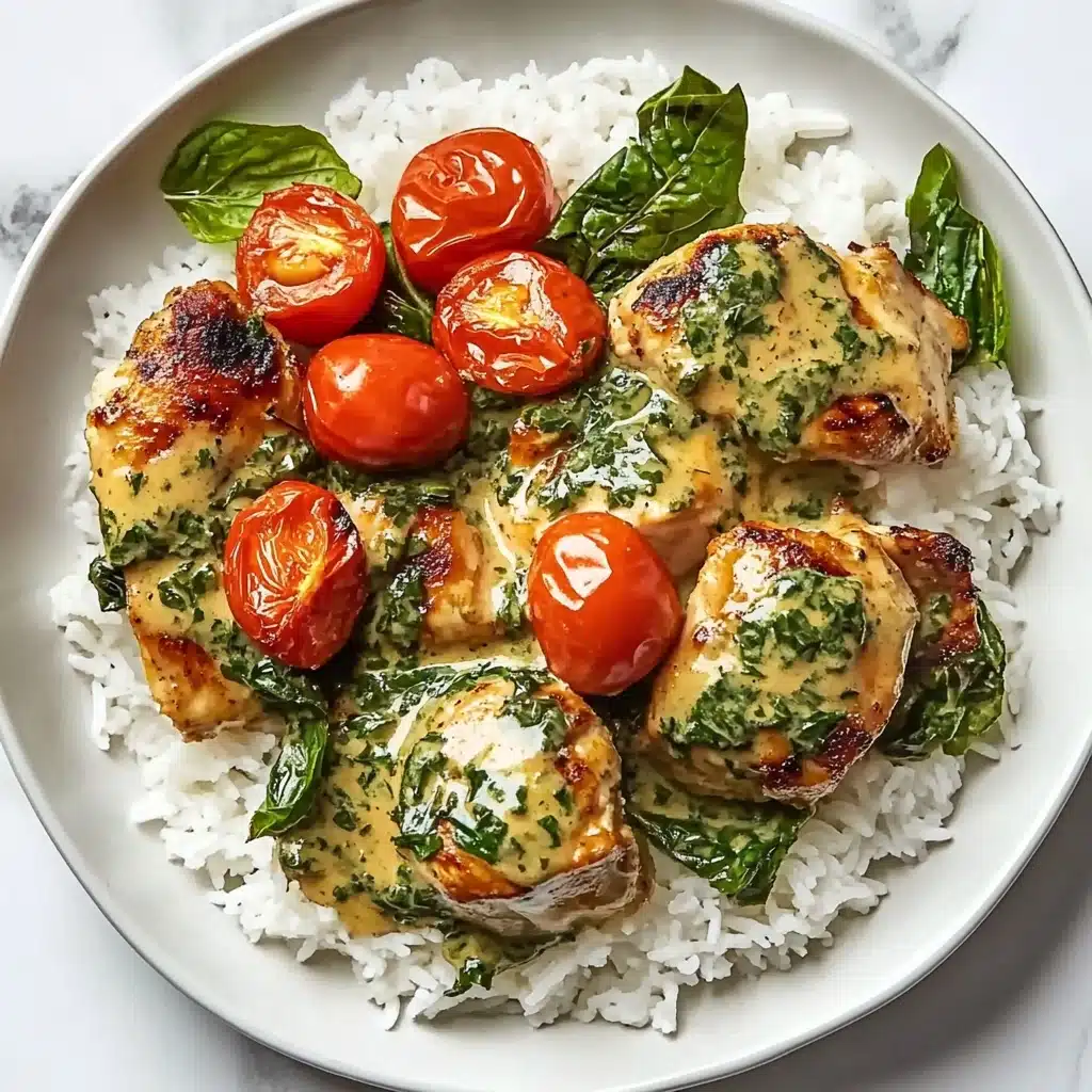 Creamy Pesto Chicken with Roasted Tomatoes and Spinach, creamy pesto chicken, roasted tomato chicken recipe, healthy chicken dinner, easy weeknight chicken A white round bowl holds a serving of white rice at the bottom layer, topped with pieces of browned, cooked chicken covered in a creamy light brown sauce with chopped green leafy herbs. Bright red roasted cherry tomatoes are scattered on and around the chicken, with the sauce slightly pooling around the rice. The background features a white marbled texture, and a small part of a pan with the same dish is visible in the top left corner.