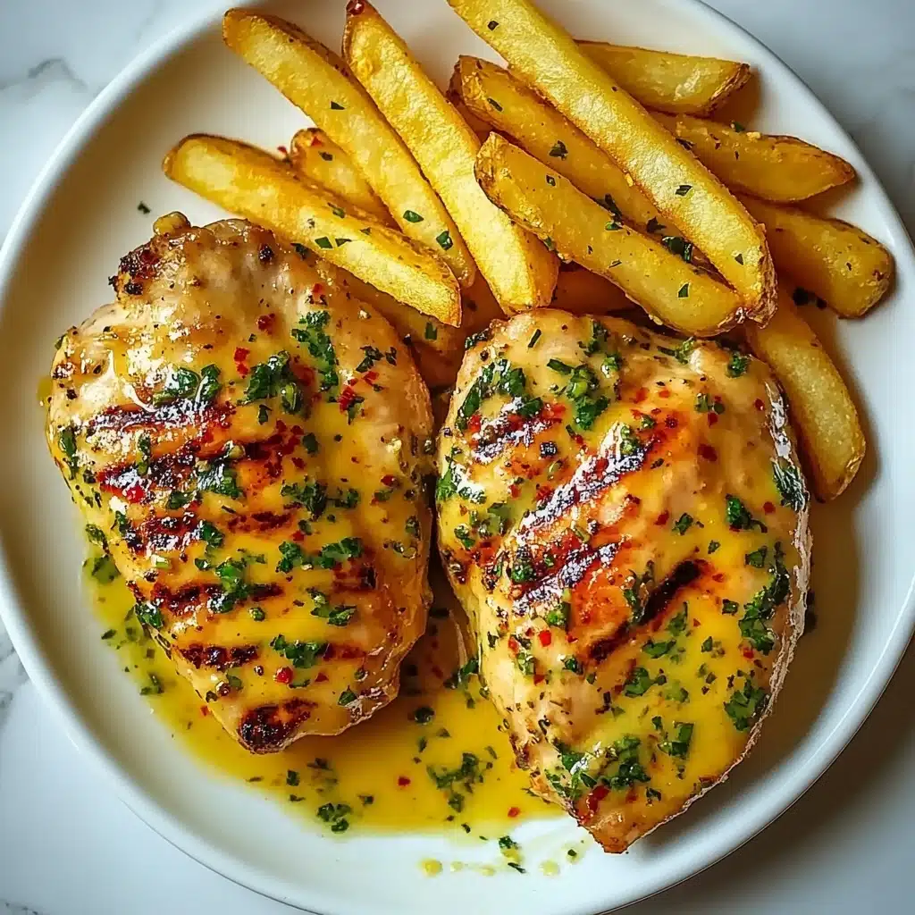 Spicy Creamy Garlic-Parmesan Chicken Three pieces of golden-brown cooked chicken with a shiny yellow sauce dotted with green herbs and small red pepper flakes, placed side by side on a white plate. Behind the chicken, a pile of golden crispy French fries rests, some overlapping the chicken slightly. The sauce spreads thinly around the chicken creating a glossy surface with visible herbs and spices. The plate sits on a white marbled surface.