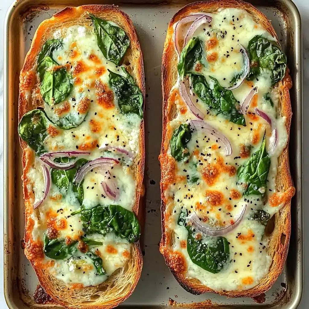 French Bread Chicken Alfredo Pizza, easy chicken pizza, creamy Alfredo pizza, quick weeknight dinner, gourmet pizza with French bread Two long slices of toasted bread lie side by side on a metal baking tray with some browning marks. Each slice has three main layers: the bottom layer is a golden brown toasted crust with a soft inside, followed by a layer of fresh dark green spinach leaves scattered evenly. On top, there is a thick layer of melted white cheese that is bubbly and slightly browned in some spots, covering the spinach and bread. Thin slices of purple onion peek through the cheese in some places, and hints of black pepper are sprinkled on top, adding texture and contrast.