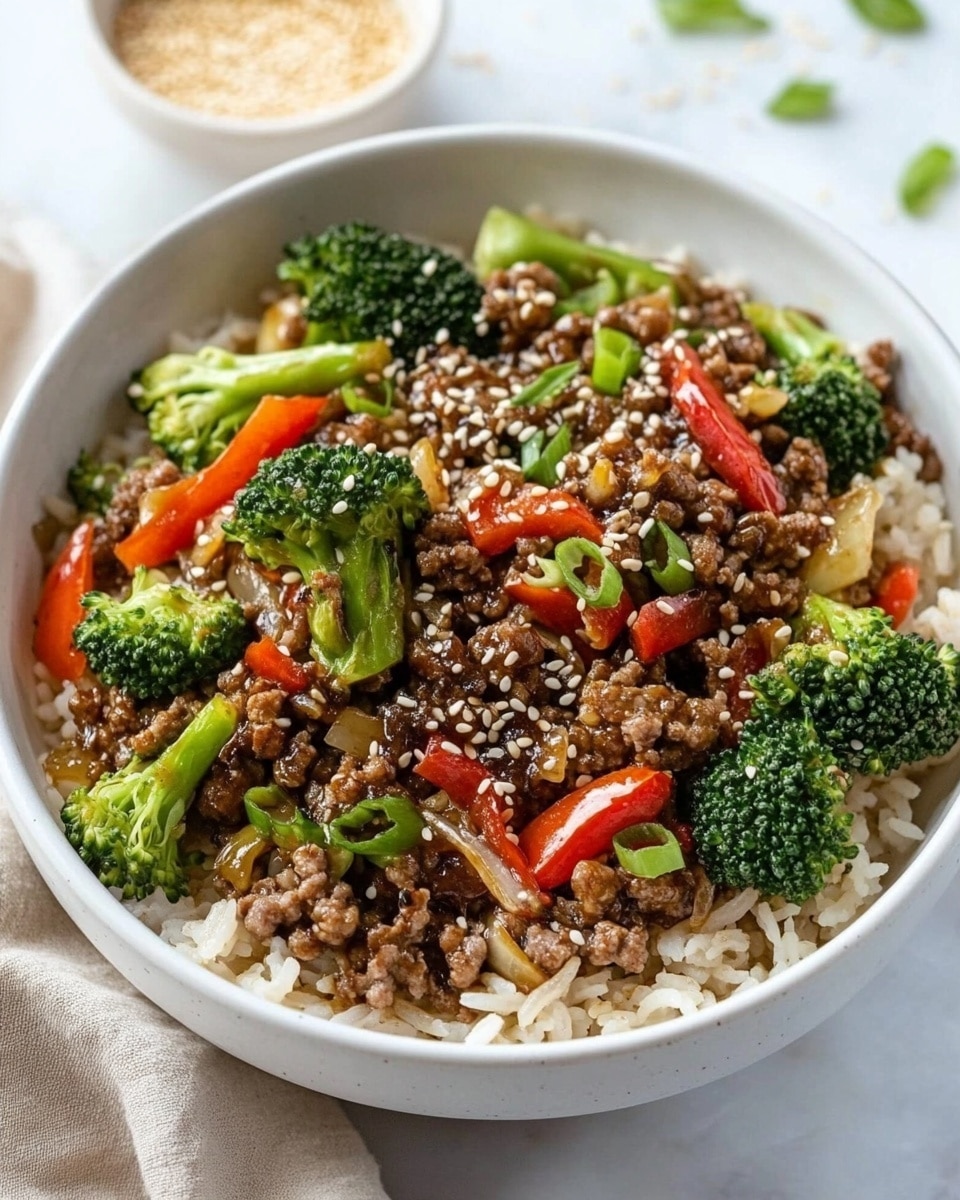Ground Beef and Broccoli Stir Fry, quick beef broccoli stir fry, healthy ground beef recipes, easy beef stir fry dinner, 30-minute beef broccoli dish A close-up view of a large pan showing cooked ground beef mixed with bright green broccoli florets and light golden-brown onion pieces. The beef is crumbly and dark brown, spread evenly throughout the pan with small glossy onion chunks interspersed. The broccoli is vibrant and fresh, with small water droplets on the tight, bumpy florets. The pan is placed on a white marbled surface with small bowls around it holding chopped green onions and sesame seeds. The handle of the pan is silver with a light wooden grip.
