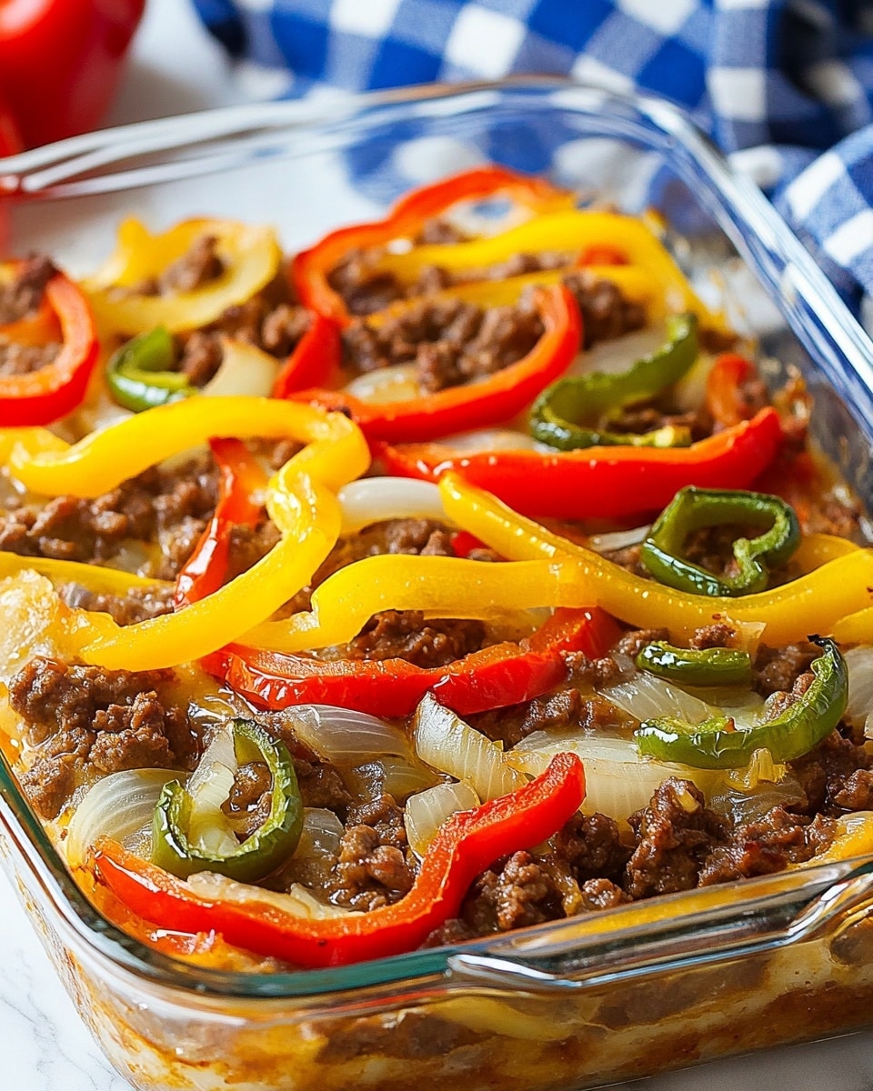 Southern Five Layer Beef Casserole, hearty beef casserole, easy layered beef bake, comforting southern casserole, family-friendly beef casserole The dish is a layered casserole in a clear glass rectangular baking dish on a white marbled surface with a blue and white checkered cloth beside it. The bottom layer is light orange, topped with a layer of cooked onions with a soft, translucent texture. Over the onions, there is a generous amount of browned ground meat scattered evenly. On top of the meat, there are rings of bell peppers in yellow, red, and green colors, arranged in a random pattern, slightly shiny as if cooked with some oil. The overall look is hearty and colorful with visible textures of meat and vegetables.