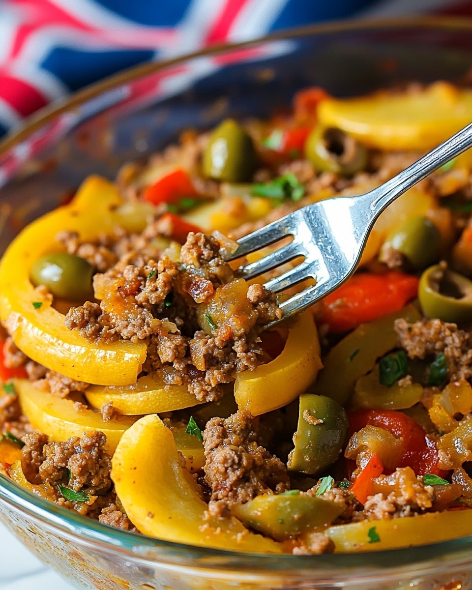 Southern Five Layer Beef Casserole, hearty beef casserole, easy layered beef bake, comforting southern casserole, family-friendly beef casserole A white plate holds a layered dish with four distinct layers: the bottom layer is made of dark brown cooked ground meat mixed with sautéed translucent onions and small red pepper pieces, the second layer is a melted pale yellow cheese sheet that slightly drapes over the meat, the third layer is topped by several thick slices of green pickles arranged evenly, and the whole plate rests on a folded checkered cloth with red, white, and blue colors. In the background, a rectangular glass baking dish filled with the same layered dish is visible on a white marbled surface.