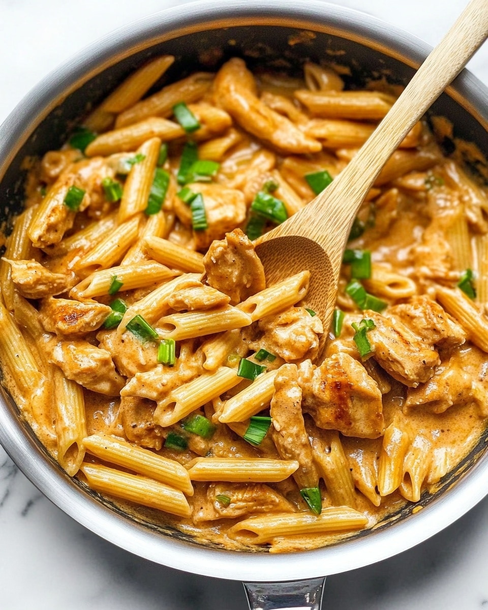 One Pot Creamy Cajun Chicken Pasta, Cajun Chicken Pasta, Creamy Cajun Pasta, Easy Cajun Pasta Recipe, Quick Chicken Pasta Dinner A white bowl filled with penne pasta coated in a creamy orange sauce, mixed with small pieces of cooked chicken and bits of tomato. The pasta and chicken are well coated with the sauce, which has a smooth and rich texture. Green chopped scallions are sprinkled on top, adding a fresh touch of color. A black fork rests inside the bowl, with some sauce on the side of the bowl. The bowl sits on a white marbled surface with a white and gray napkin partially visible beneath it,