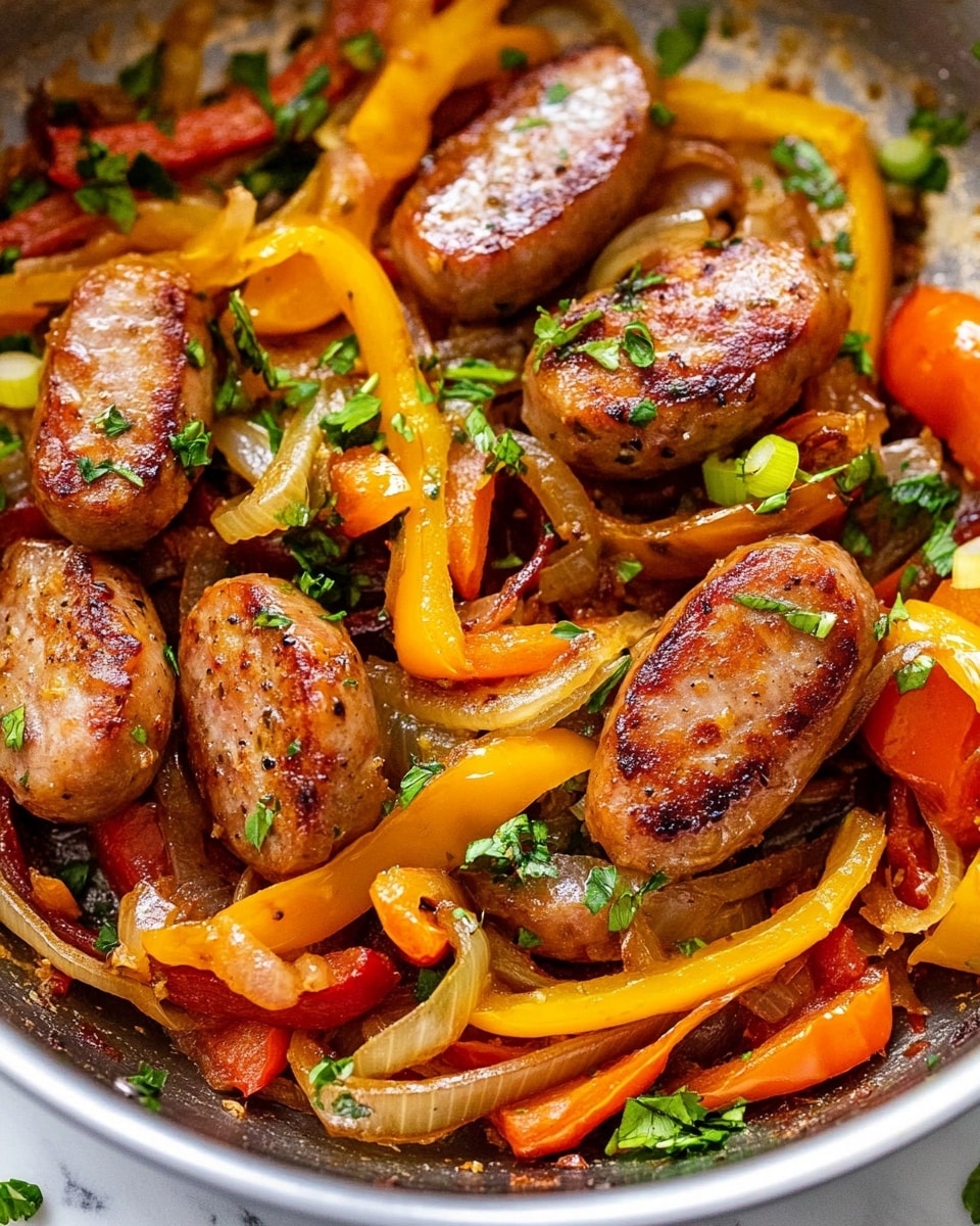 Sausage and Peppers Skillet, sausage and peppers dinner, quick sausage skillet recipe, easy sausage and peppers meal, one-pan sausage recipe The image shows a close-up of cooked sliced sausage mixed with thin strips of yellow, orange, and red bell peppers and sliced onions, all sautéed together. The sausage slices are browned with a slight crisp, creating a rich reddish-brown color. The bell peppers add bright yellow, orange, and red colors with a glossy, soft texture. The onions appear translucent and light golden. Small green herbs and chopped green onions are sprinkled throughout, adding a fresh, vibrant touch. The dish rests on a white marbled surface.
