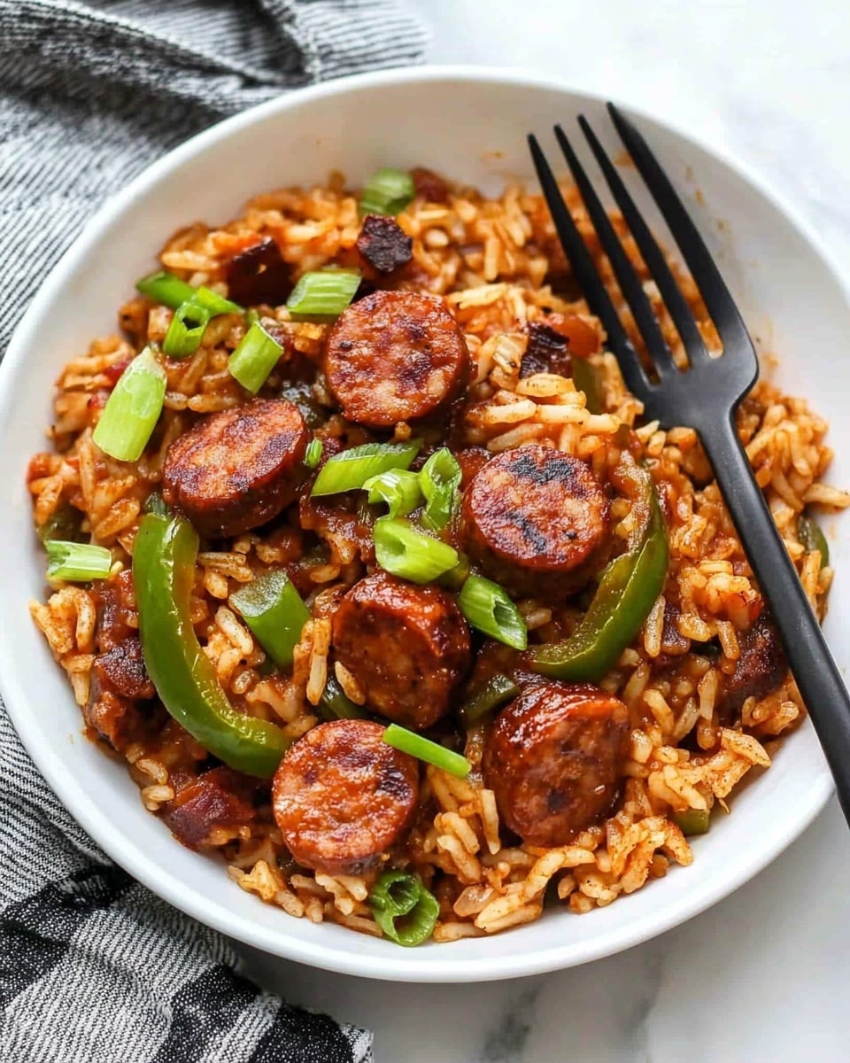 Cajun Sausage and Rice Skillet, Cajun sausage and rice, flavorful skillet dinner, easy Cajun skillet recipe, quick weeknight Cajun meal The image shows a close-up of a silver pan filled with a colorful rice dish. The dish has multiple layers: at the bottom is soft cooked rice with a warm brown color mixed evenly with pieces of bright yellow and green vegetables, probably bell peppers. On top, there are slices of browned sausage scattered all around, adding a dark reddish tone. The dish is garnished with small chopped green onions sprinkled on top. A wooden spoon rests inside the pan on the right side, partially scooping the rice. The pan sits on a white marbled surface. The photo has a warm, natural light.
