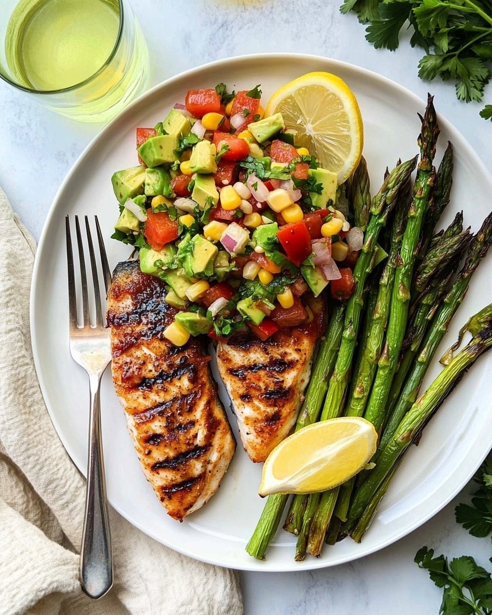 A white plate sits on a white marbled surface, holding a single piece of golden brown grilled fish fillet with a slightly crispy texture, topped with scattered green herb flakes. Beside the fish, a bundle of bright green roasted asparagus spears lies parallel to the fish, showing slight char marks. Two lemon wedges, one placed near the bottom left of the fish and the other near the left side of the plate, add a fresh yellow contrast. The plate has a simple blue pattern near its edge. A metal fork rests on a beige cloth napkin in the bottom left corner. Photo taken with an iphone --ar 4:5 --v 6.1