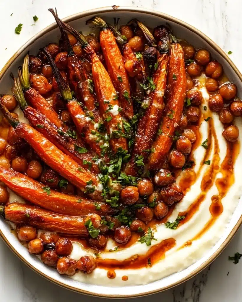 Spicy Maple Roast Carrots with Crispy Chickpeas and Yogurt Sauce Recipe
