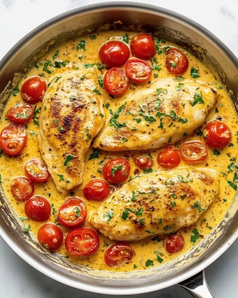 Creamy Pesto Chicken with Roasted Tomatoes Recipe