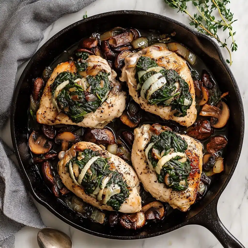 Goat Cheese & Spinach Stuffed Chicken Breast with Caramelized Onions + Mushrooms Recipe - Recipe Image