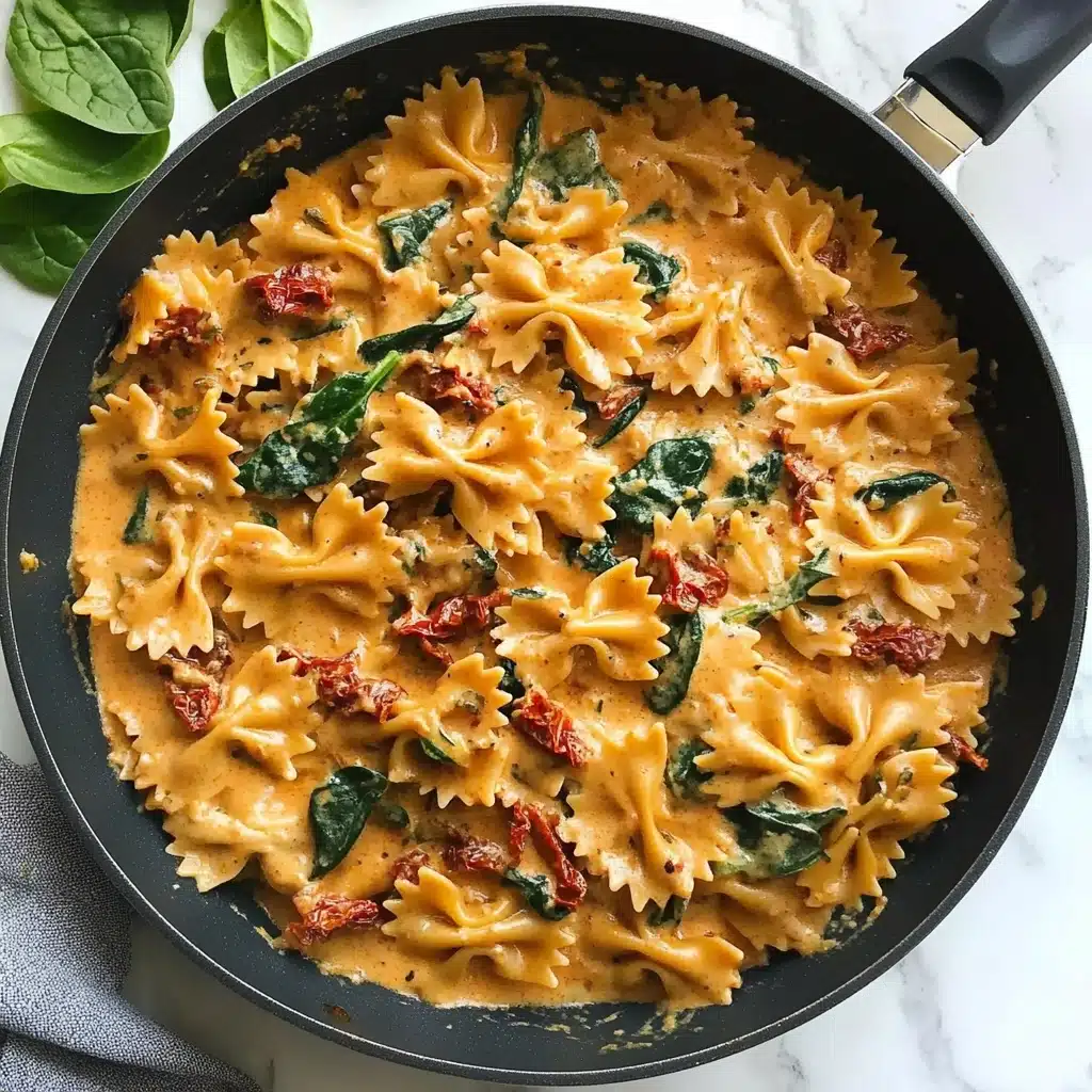 Marry Me Chicken Pasta, creamy chicken pasta, easy chicken pasta recipe, flavorful chicken dinner, weeknight pasta dish The image shows a black pan filled with creamy farfalle pasta mixed with spinach leaves and pieces of sun-dried tomatoes. The pasta is coated in a smooth, light orange sauce, giving it a rich and creamy look. The spinach adds green spots scattered throughout the pasta, and the sun-dried tomatoes add small dark red bursts of color. The pan rests on a white marbled surface with a striped cloth partially visible under it, and a wooden board with red grape tomatoes in the background. Some fresh spinach leaves are placed around the pan, adding a fresh, green touch.