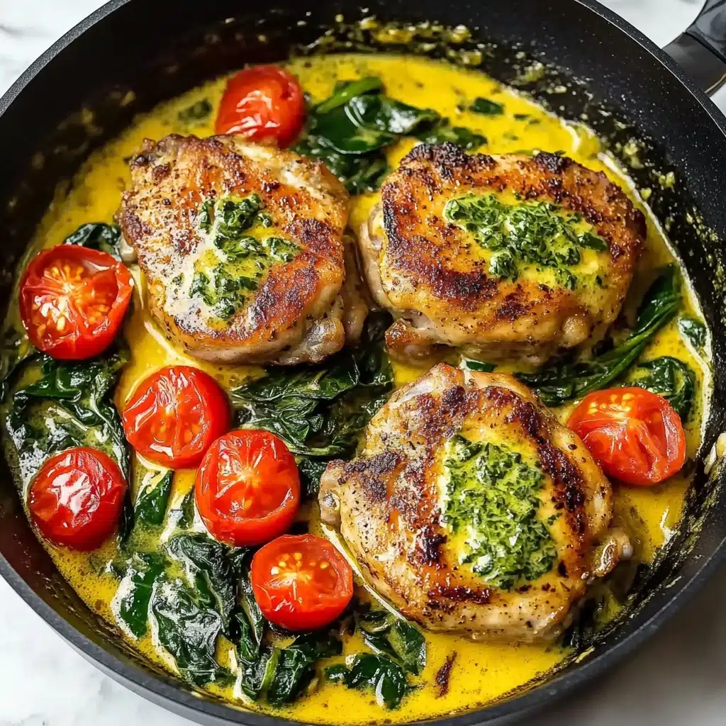 Creamy Pesto Chicken with Roasted Tomatoes and Spinach, creamy pesto chicken, roasted tomato chicken recipe, healthy chicken dinner, easy weeknight chicken In a dark skillet on a white marbled surface, there are three browned pieces of meat arranged in a triangle, each topped with small dollops of green sauce. Around the meat, there are dark green wilted spinach leaves spread unevenly and several halved bright red tomatoes placed between the meat and spinach. The dish is covered in a creamy golden-yellow sauce that pools around the ingredients, giving a rich and glossy texture to the whole dish.