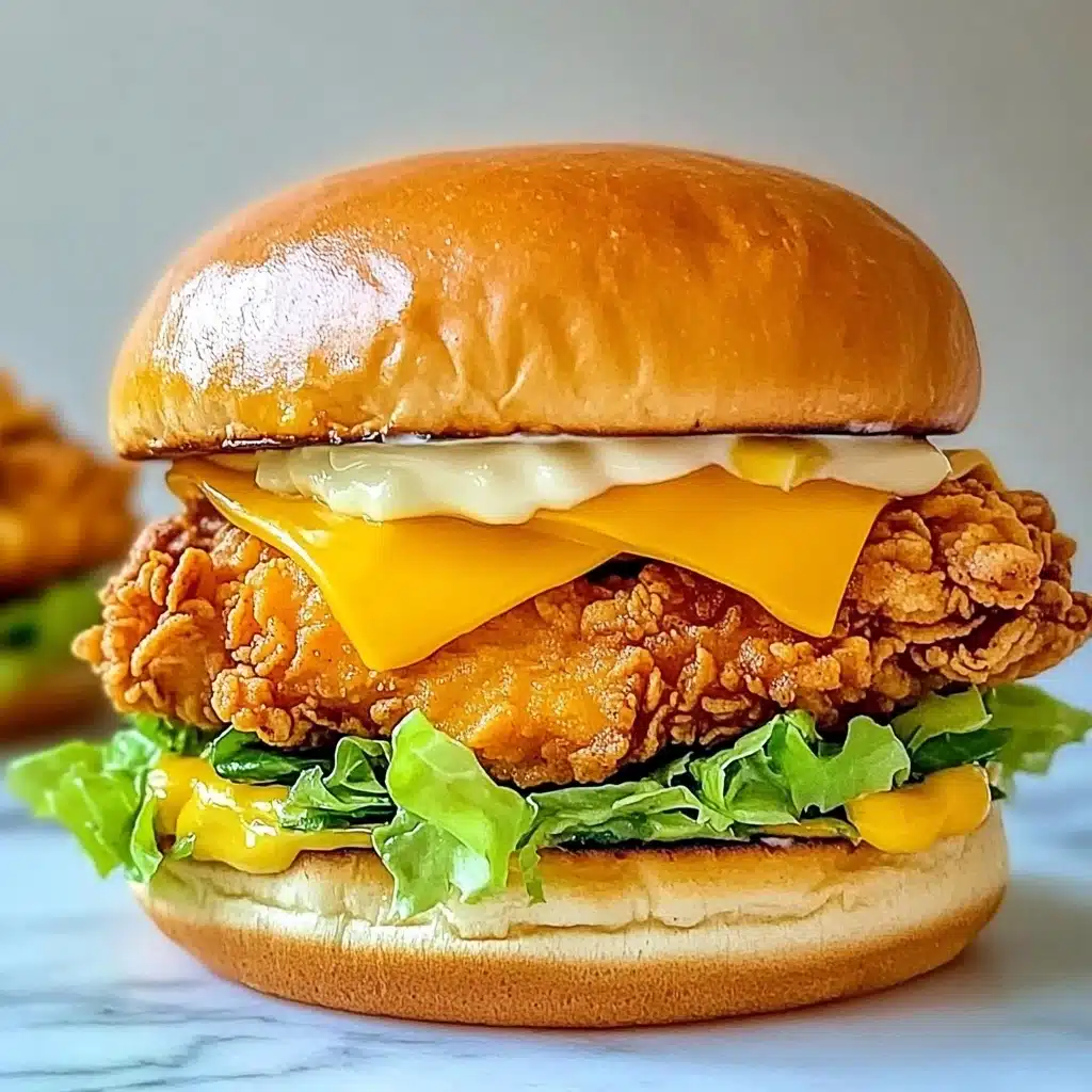 Spicy Crispy Chicken Burger, spicy chicken burger recipe, crispy chicken sandwich, spicy chicken sandwich, homemade chicken burger A burger with four clear layers: at the bottom, a soft white bun with a smooth texture; above it, green leafy lettuce with a glossy look, topped with a dollop of light yellow sauce dripping slightly; next, a thick piece of crispy fried chicken with a rough, golden-brown crust that looks crunchy; on top of the chicken, a slice of bright yellow cheese that is melting slightly and folded over the edges; finishing with a shiny, light brown top bun. The burger is placed on a white marbled surface with soft lighting, giving it a fresh and tasty appearance.