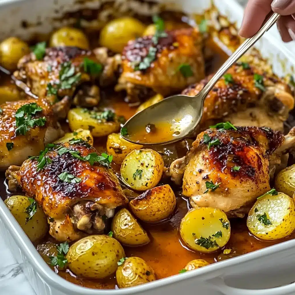 One Pan Lemon Garlic Chicken and Potatoes, easy lemon garlic chicken, weeknight chicken dinner, healthy chicken with potatoes, simple one pan chicken recipe A white baking dish holds six baked chicken thighs with golden-brown, slightly crispy skin. Scattered around the chicken are about fifteen whole and halved small yellow potatoes, some showing a soft, light-yellow inside. The chicken and potatoes are glazed with a shiny, sticky sauce that pools at the bottom of the dish, giving it a rich amber color. Small green parsley pieces are sprinkled on top of everything. A woman's hand holds a silver spoon drizzling the sauce over one chicken thigh. The dish rests on a white marbled surface.