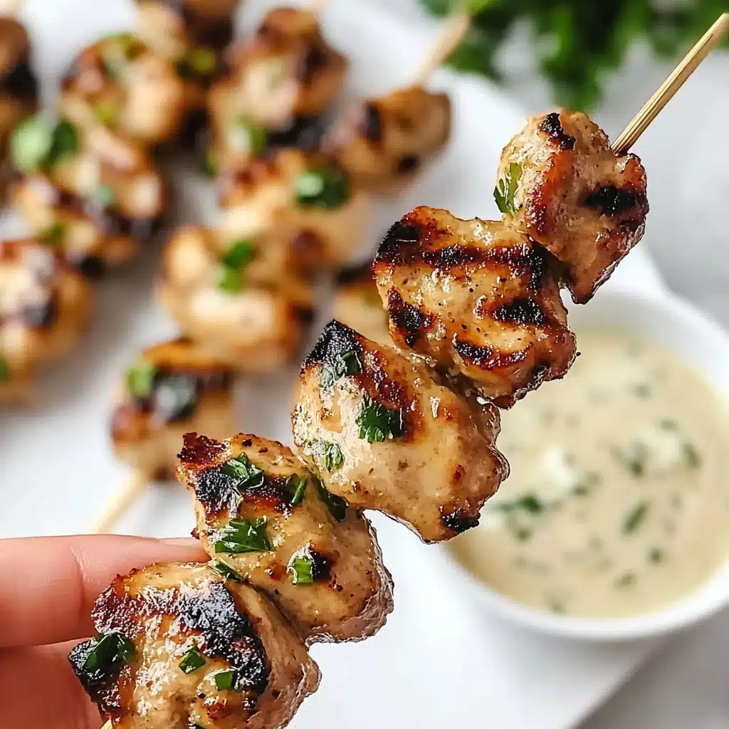 Air Fryer Garlic Parmesan Chicken Skewers, garlic parmesan chicken skewers, crispy air fryer chicken, easy chicken skewers recipe, flavorful chicken marinade A close-up view of a skewer with five pieces of grilled chicken, each piece showing golden-brown char marks and a slight glaze that shines under the light. The chicken pieces are sprinkled with finely chopped green herbs and held by a woman's hand. In the blurred background, more skewers with similar chicken rest on a plain white plate, beside a small white bowl filled with a light creamy sauce with visible small herb bits. The scene is set on a white marbled surface.