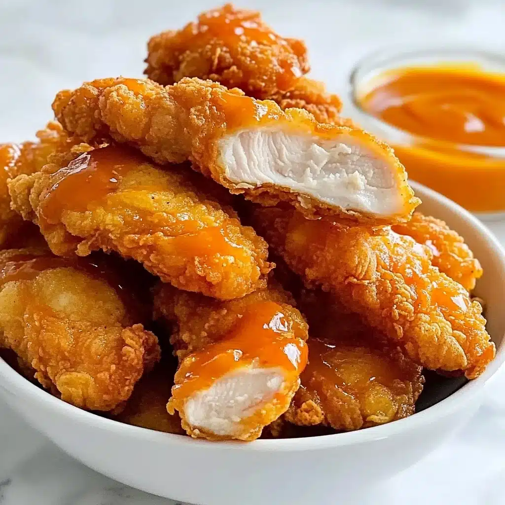 Hot Honey Chicken Tenders, spicy honey chicken tenders, crispy chicken tenders with hot honey, easy honey glazed chicken tenders, flavorful chicken tenders for dinner A white bowl is full of crispy fried chicken pieces covered in shiny orange sauce. One piece is broken in half, showing white, tender inside. The chicken has a golden brown crunchy crust under the sauce. Next to the chicken in the bowl, there is a small clear round cup filled with bright orange dipping sauce. The bowl sits on a white marbled surface.