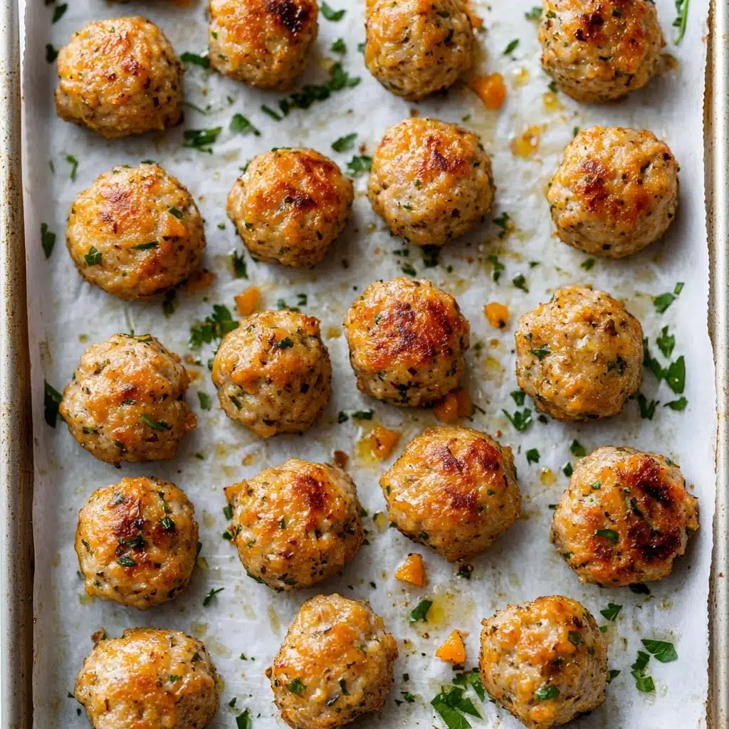 Turkey Stuffing Balls, leftover turkey appetizers, savory stuffing bites, comfort food finger foods, holiday turkey snacks A tray full of small, round golden-brown meatballs with a slightly rough texture, speckled with bits of herbs and small orange pieces, evenly spaced on white parchment paper that covers a baking sheet; some meatballs have a light crispy edge, and tiny green herb leaves are scattered around them on the paper; the tray sits on a white marbled surface,