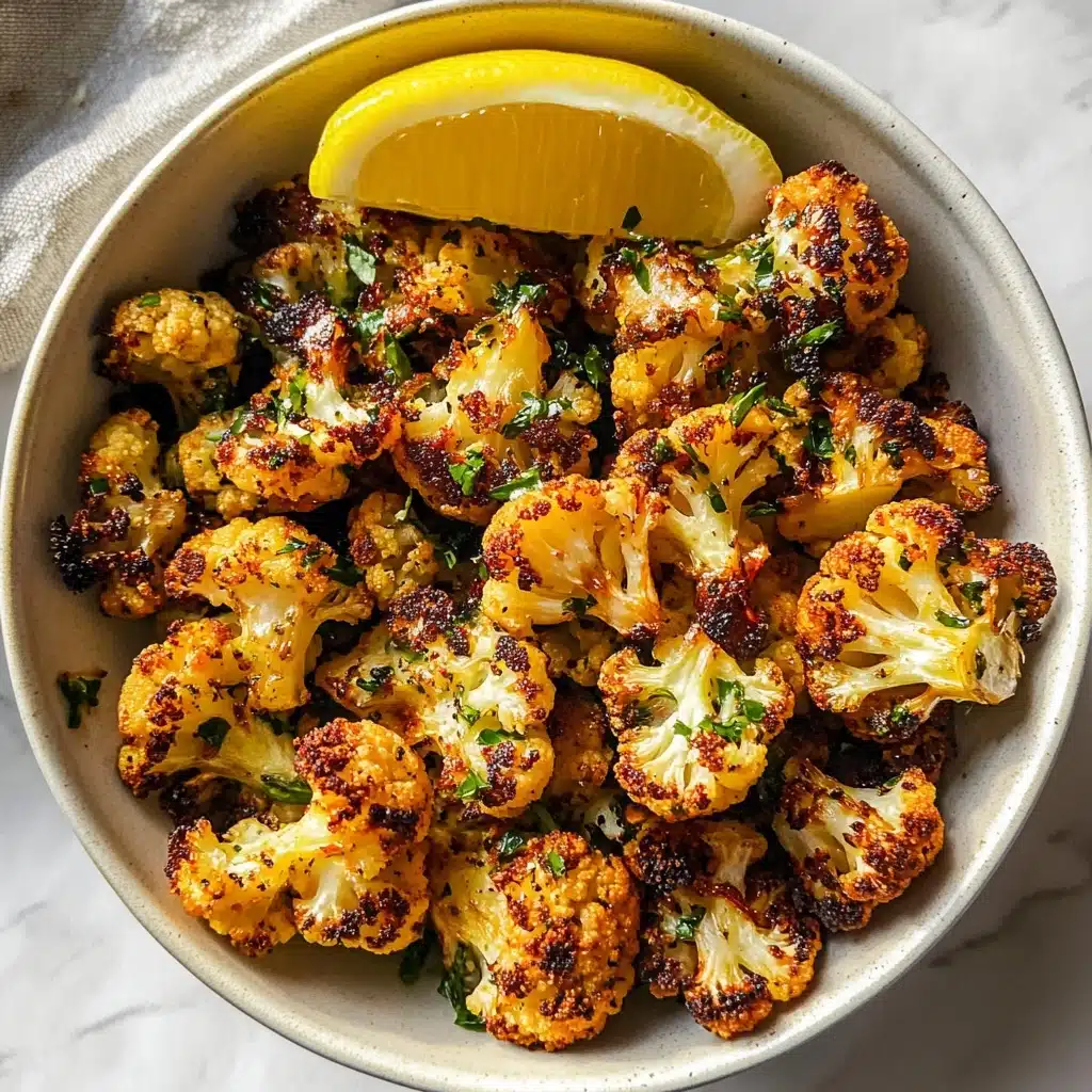 Crispy Parmesan Roasted Cauliflower, roasted cauliflower side dish, cheesy vegetable recipes, easy healthy side dishes, flavorful cauliflower recipes The image shows roasted cauliflower pieces spread across a gray baking sheet, each piece golden brown with some charred edges. The cauliflower florets have a crispy texture and are sprinkled with chopped green herbs, adding a fresh contrast to the warm orange-brown tones of the vegetables. The roasted bits and small caramelized sections fill the gaps between the cauliflower. The whole scene rests on a white marbled surface.