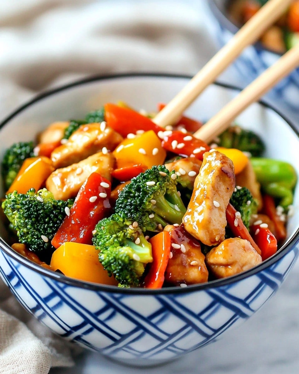 Chicken Stir Fry with Broccoli, Bell Peppers, and Carrots,Healthy Chicken Stir Fry with Vegetables,Quick Honey Soy Chicken Stir Fry,Easy Weeknight Stir Fry Recipe,Budget-Friendly Chicken and Veggie Stir Fry A close-up view of a colorful stir-fry dish in a white pan, filled with three main layers: pieces of light brown cooked chicken, bright green broccoli florets, and chunks of red and yellow bell peppers. The food looks glossy and well-coated in a brown sauce, making the colors pop. A detailed wooden spoon lies in the middle of the pan, lifting some of the mix. In the background, there are out-of-focus items including a red can and some packaged yellow cheese, all set on a white marbled surface. Two wooden chopsticks rest on the edges of the pan.
