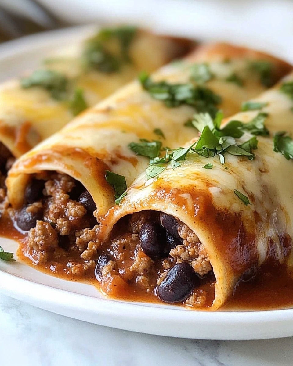 Beef Enchiladas, Beef Enchiladas Recipe, Homemade Beef Enchiladas, Easy Beef Enchiladas, Authentic Mexican Beef Enchiladas Two rolled enchiladas lie side by side on a white plate placed on a white marbled surface. Each enchilada has a soft tortilla shell filled with dark brown cooked meat mixed with small black beans. The rolls are covered with a layer of red sauce that looks thick and slightly shiny, topped with melted pale yellow cheese that has a stretchy texture. Small green cilantro leaves are scattered on top of the cheese for color. A blurred silver spoon is in the background, adding depth to the image.