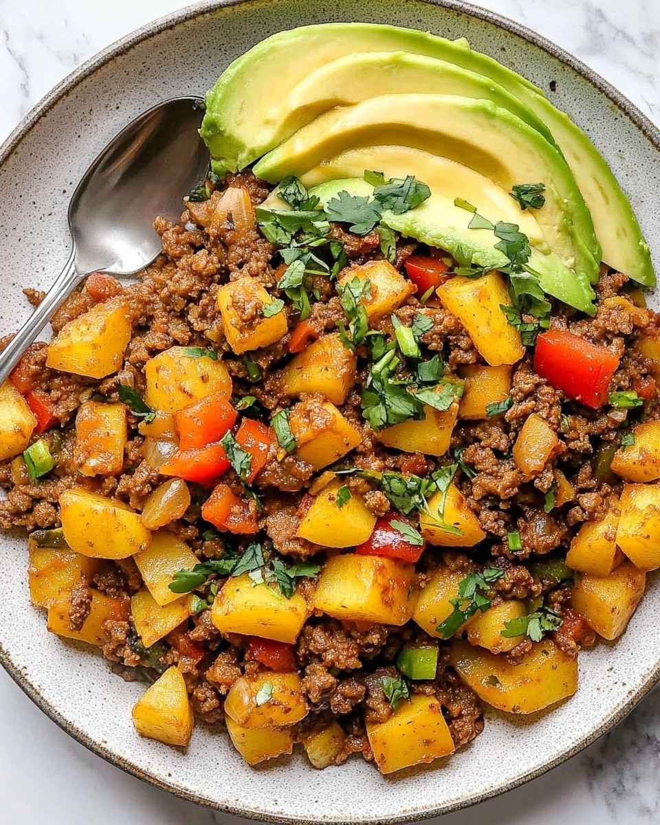 Mexican Ground Beef and Potato Skillet, Mexican beef and potato dish, easy Mexican skillet recipe, spicy ground beef skillet, hearty Mexican beef skillet This dish is served on a white plate with a slightly raised edge. It has three main parts: a base layer of cooked ground meat mixed with diced, cooked yellow potatoes and red bell peppers. The meat and vegetables are well cooked and mixed with melted yellow cheese, giving a warm, rich color. On top, fresh green chopped herbs are sprinkled for color contrast. At the top side of the plate, there are thin, light green slices of avocado arranged in a slightly curved row. A silver spoon is placed on the left side, with a woman's hand gently holding it. The whole plate is resting on a white marbled surface.