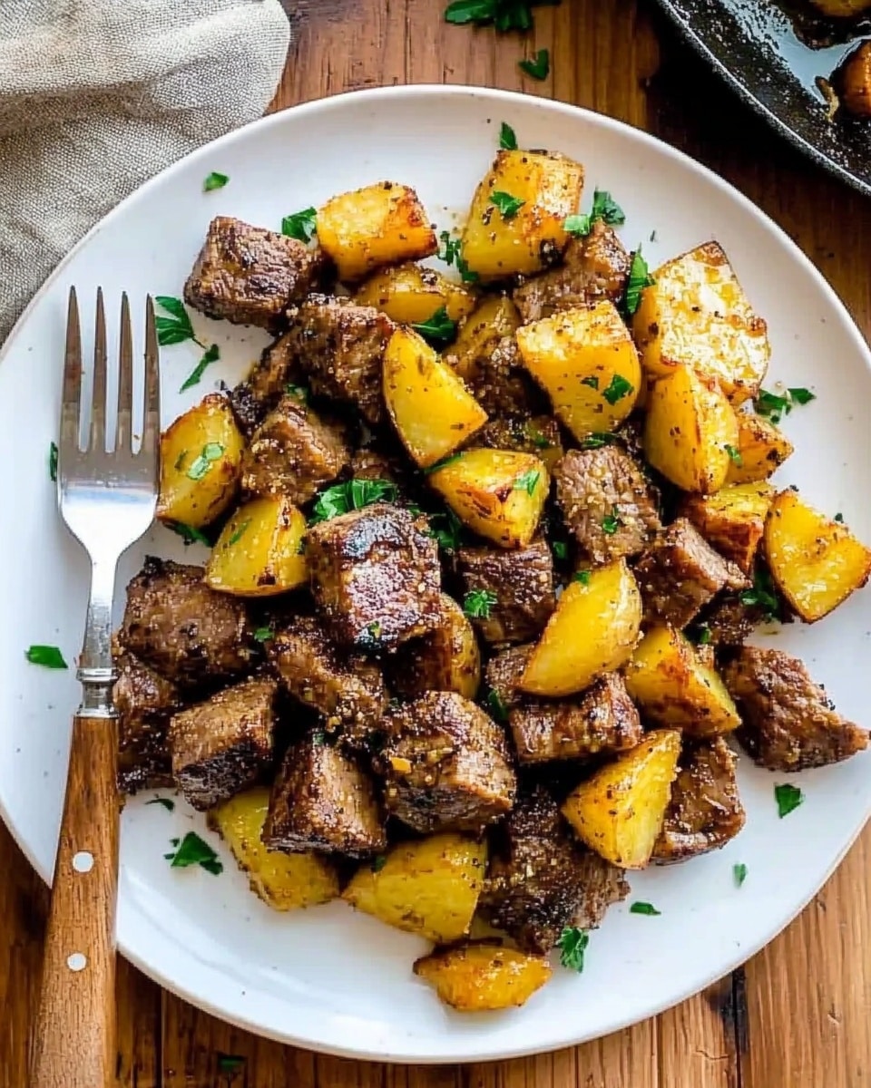 Garlic Butter Steak Bites and Potatoes, steak and potatoes skillet, easy steak dinner, garlicky steak bites, quick comfort food The image shows a white round plate on a white marbled surface with cooked pieces of brown meat and golden roasted potato chunks mixed together. The food is sprinkled with small green herb leaves evenly across the meat and potatoes. A silver fork with a wooden handle is placed to the left side of the plate, resting partly on it. Part of a black skillet with more roasted potatoes is visible at the top right corner of the image. The light brings out a warm, homey feeling in the scene.