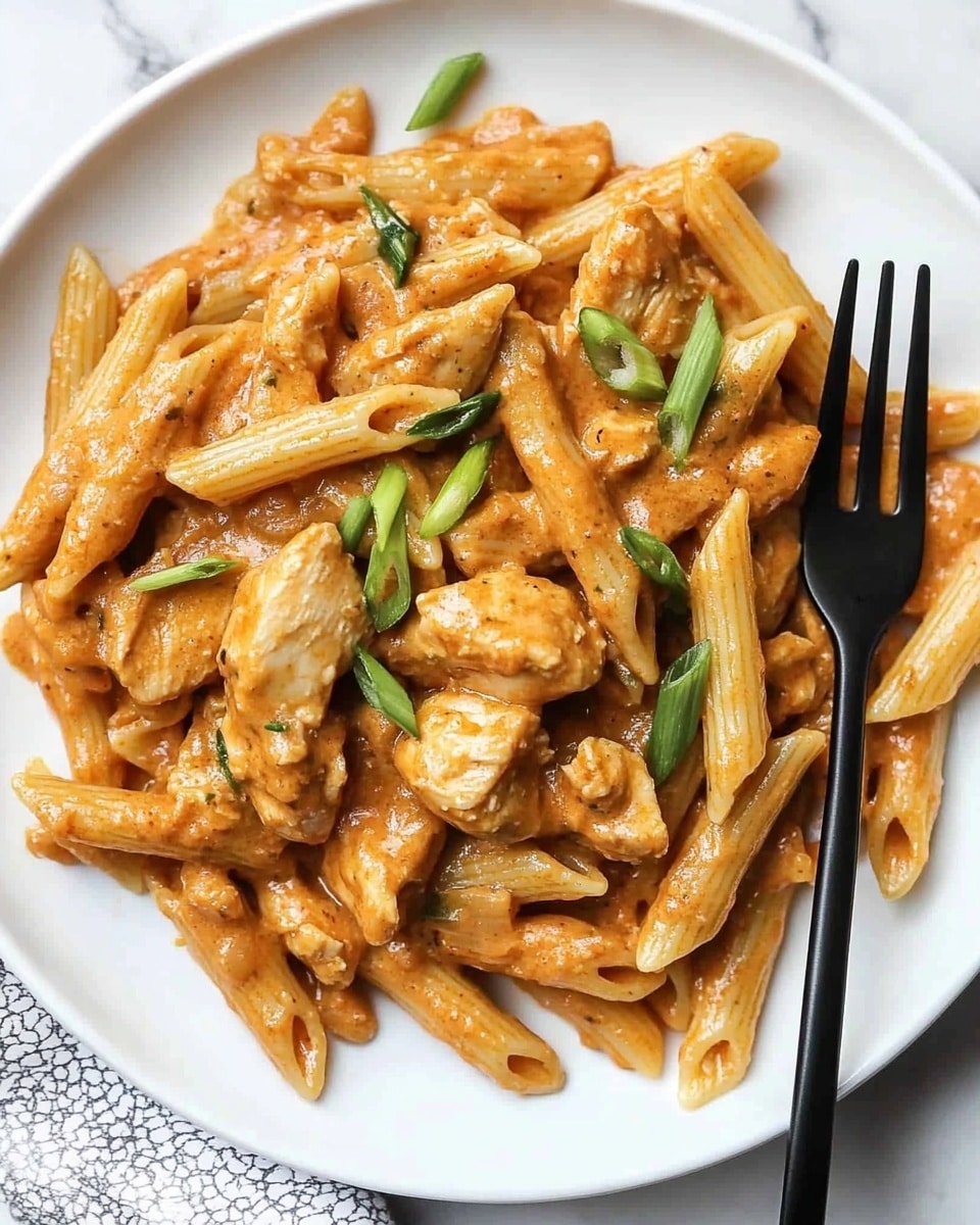 One Pot Creamy Cajun Chicken Pasta, Cajun Chicken Pasta, Creamy Cajun Pasta, Easy Cajun Pasta Recipe, Quick Chicken Pasta Dinner The image shows a silver pan filled with creamy pasta made of penne noodles mixed with small pieces of cooked chicken in a light brown sauce. The dish is topped with chopped green onions scattered evenly across the pasta, adding a fresh green color contrast. A wooden spoon is placed in the pan, resting on the right side among the pasta pieces. The pan is placed on a white marbled surface, creating a clean and bright background.