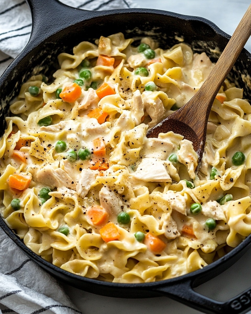 The image shows a skillet filled with creamy chicken noodle casserole. The base layer is broad, wavy egg noodles, pale yellow and soft in texture, mixed with chunks of cooked chicken pieces that are light beige. Mixed evenly throughout are small bright orange carrot cubes and green peas, adding color contrast. The entire dish is coated with a thick, creamy white sauce speckled with black pepper and herbs. To the top right, a wooden spoon is placed inside the skillet, slightly stirring the noodles. The skillet is set on a white marbled surface with a striped white and grey cloth partially visible in the background. photo taken with an iphone --ar 4:5 --v 6.1