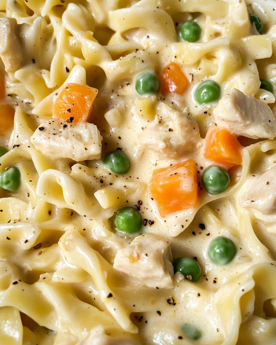 The image shows a close-up of a creamy noodle dish in a black skillet on a white marbled surface with a gray striped cloth beside it. The dish has three layers: wide, curly egg noodles with a pale yellow color form the base and top layers, interspersed with small bright green peas and small chunks of orange carrots that add color contrast. These ingredients are all coated in a smooth, thick, white creamy sauce speckled with black pepper and herbs. A silver spoon is lifting a portion from the skillet, displaying a mix of all ingredients. Photo taken with an iphone --ar 4:5 --v 6.1