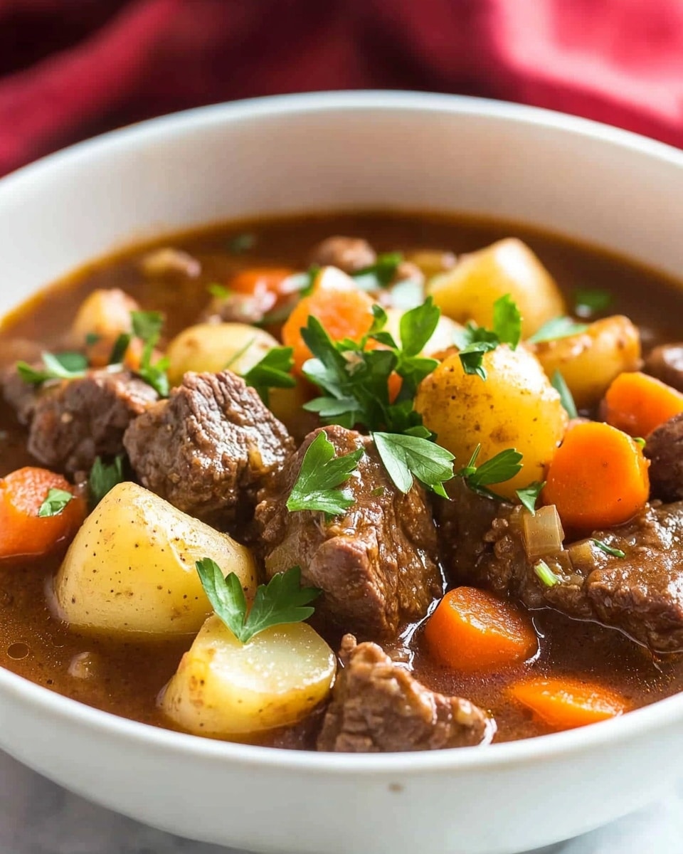 A close-up view of a bowl filled with a thick stew showing several layers: a deep brown liquid broth as the base, with chunks of tender brown meat scattered near the center and throughout; large pieces of soft yellow potatoes and bright orange carrot cubes are spread evenly on top and around the meat; fresh green parsley leaves are sprinkled across the surface, adding a touch of color and freshness. The stew is served in a round white bowl placed on a white marbled surface, with a soft red cloth in the background. photo taken with an iphone --ar 4:5 --v 6.1