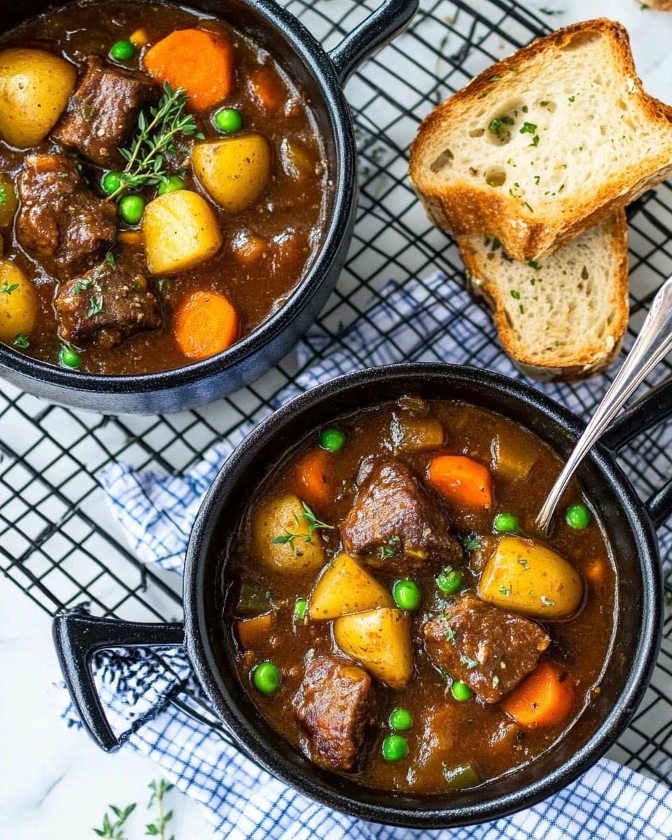Two small black cast iron pots filled with beef stew are placed on a black wire rack over a white marbled surface with a blue and white checkered cloth partially visible underneath. Each pot contains chunky beef pieces, bright orange carrot slices, golden yellow potato chunks, and vibrant green peas, all coated in a thick, glossy brown sauce. Sprigs of fresh green thyme are scattered on top of the stew. A silver spoon rests inside each pot, with one spoon angled slightly outwards. Next to the pots are two golden toasted slices of baguette with small herb leaves on top, along with some torn pieces of bread scattered around. Photo taken with an iphone --ar 4:5 --v 6.1