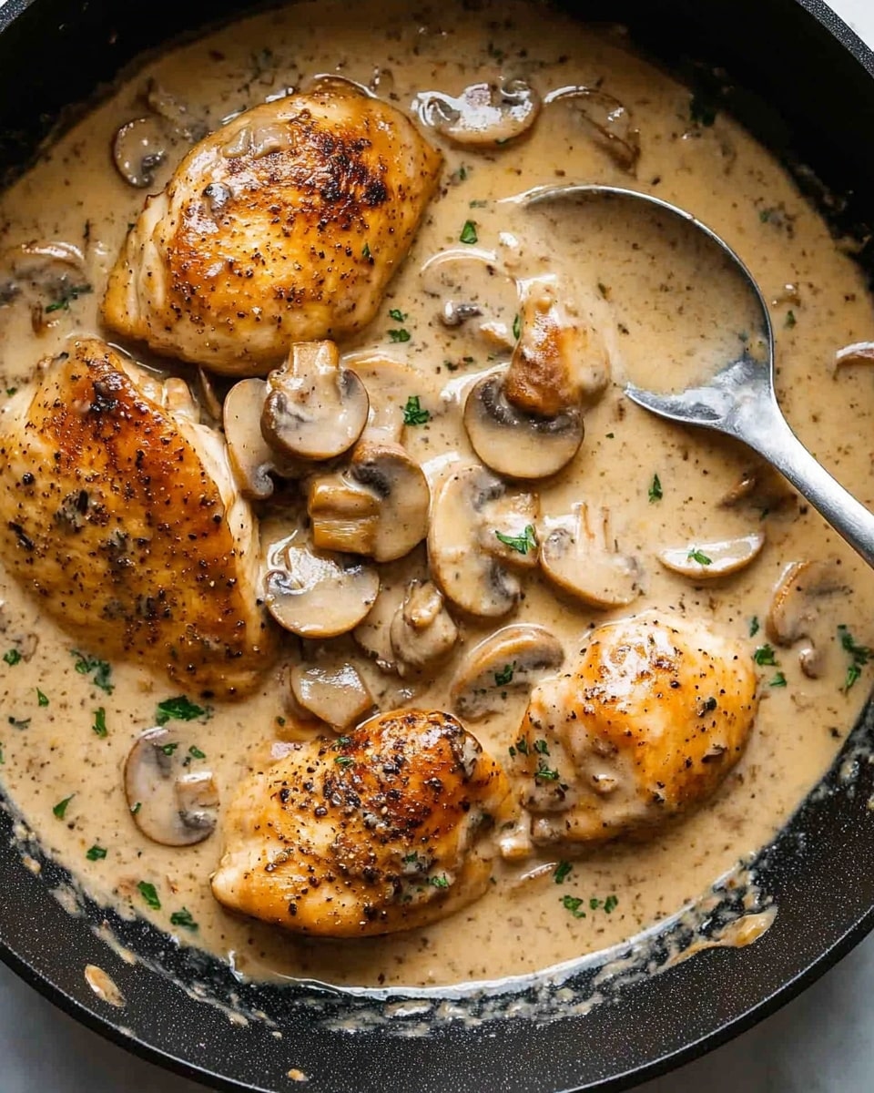 A close-up view of a black pan filled with four golden brown chicken thighs partly covered by a thick creamy mushroom sauce. The sauce is a light beige color with small black pepper specks and sliced mushrooms scattered evenly over and around the chicken. Tiny green herb flakes are sprinkled on top of the chicken pieces, adding a touch of color. A silver spoon rests near the edge of the pan, slightly submerged in the sauce. The whole scene sits on a white marbled surface photo taken with an iphone --ar 4:5 --v 6.1