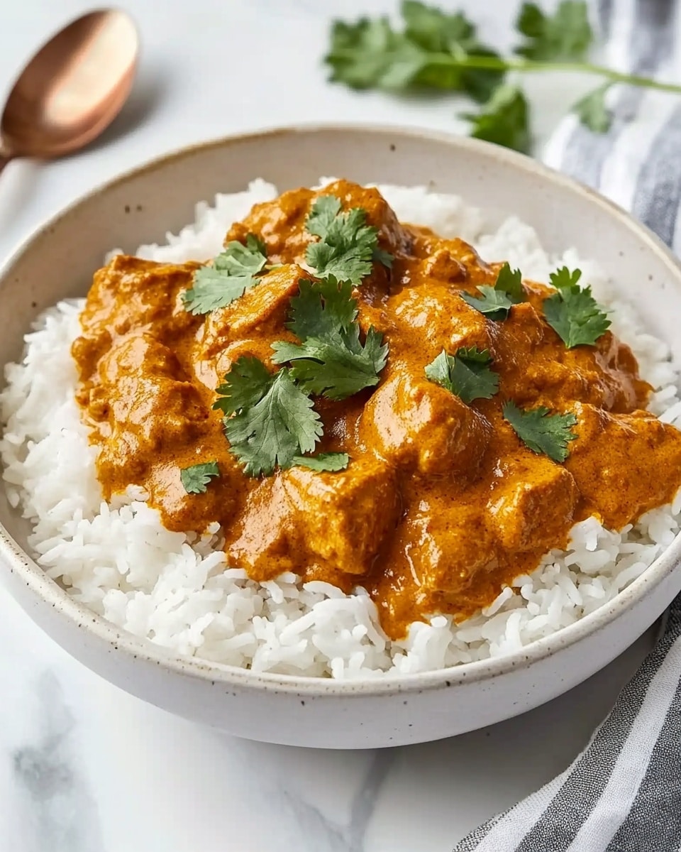A black pan filled with a thick, creamy orange curry with visible soft chunks of chicken and a few small green leaves of fresh cilantro scattered on top. White cream is lightly swirled over part of the surface, creating a contrast with the orange sauce. The pan rests on a dark gray cloth, which is placed on a white marbled surface. A fork with a light tan handle is partially dipped in the curry on the right side of the pan. Photo taken with an iphone --ar 4:5 --v 6.1