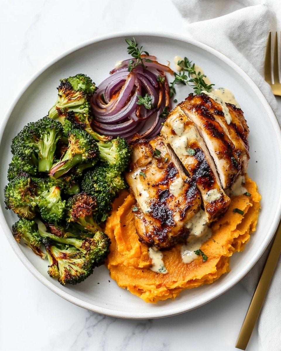 A white round plate holds three main layers: on the left, green roasted broccoli with some charred bits and purple roasted onion slices, in the center and slightly to the right, a piece of golden-brown cooked chicken topped with a light beige sauce and small green herb leaves, and at the bottom right, a bright orange mashed vegetable, also drizzled with the same light beige sauce. A gold fork and knife lie on the right side of the plate, resting partly on a beige linen cloth over a white marbled surface. In the top right corner, a white bowl with a light brown creamy sauce is partly visible. photo taken with an iphone --ar 4:5 --v 6.1