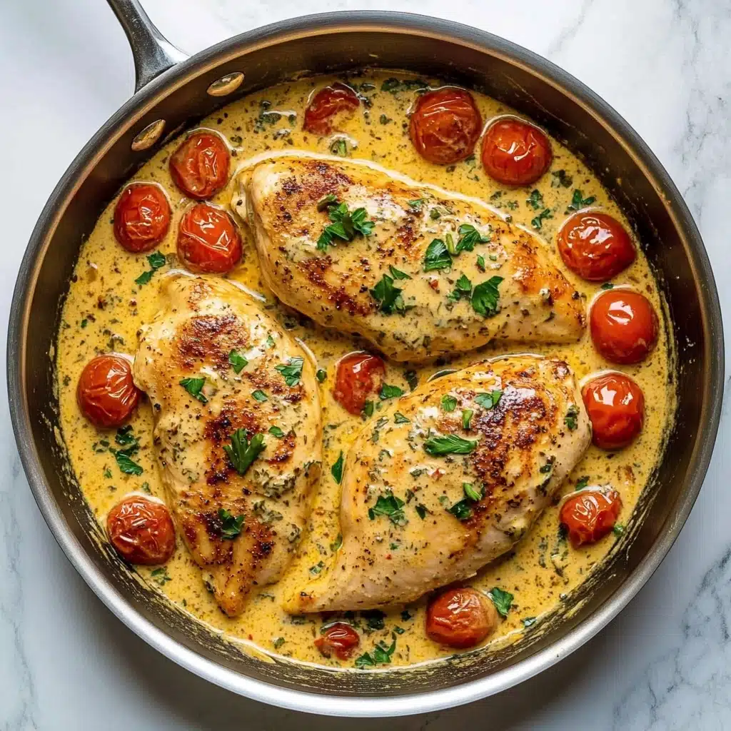 Creamy Pesto Chicken with Roasted Tomatoes Recipe - Recipe Image