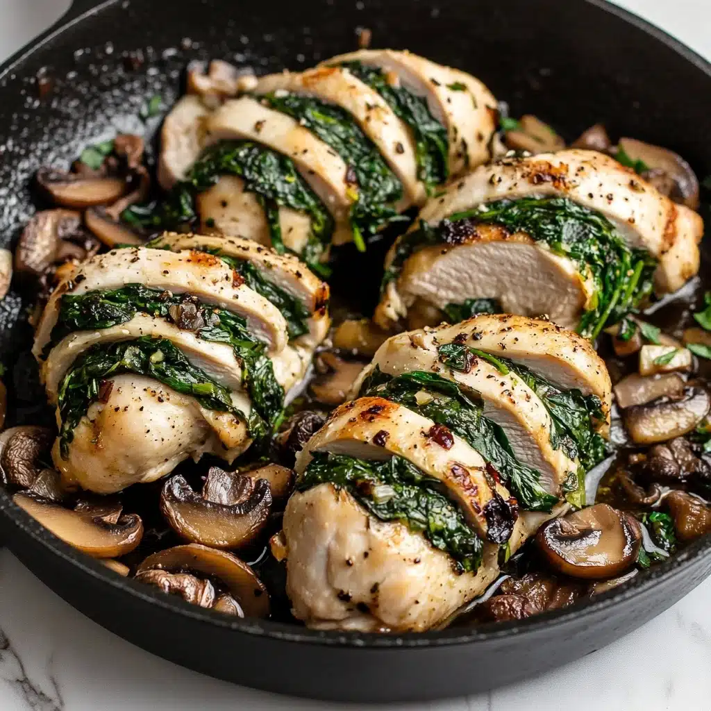 Goat Cheese & Spinach Stuffed Chicken Breast with Caramelized Onions + Mushrooms Recipe - Recipe Image