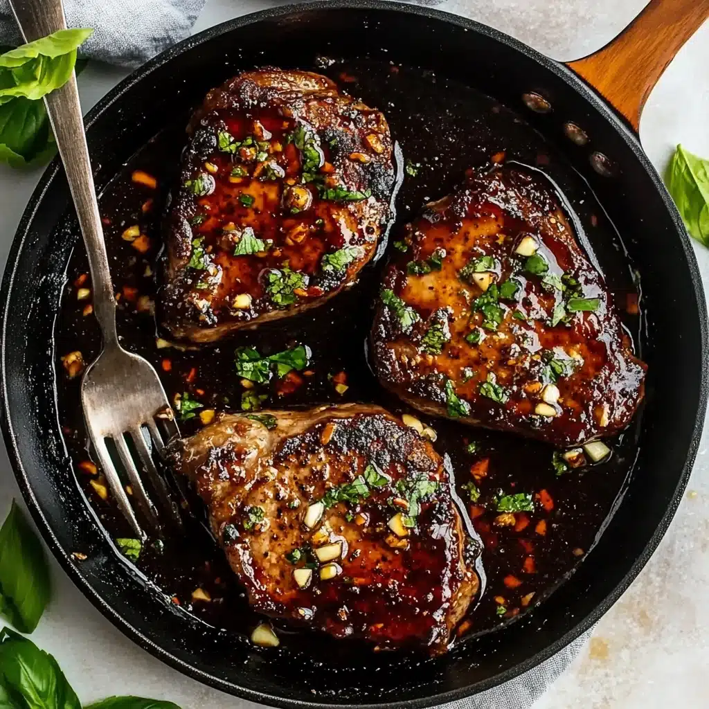 Hot Honey Baked Chicken Breasts, honey glazed chicken recipes, spicy baked chicken, easy baked chicken dinner, flavorful chicken recipes A black skillet with red handles holds three thick, dark brown glazed pieces of meat, each topped with chopped garlic and green herbs. The sauce around the meat is thick and shiny, with visible bits of garlic and herbs mixed in. A silver fork with a wooden handle rests inside the pan on the right side. Fresh basil leaves are scattered near the skillet on a white marbled surface.