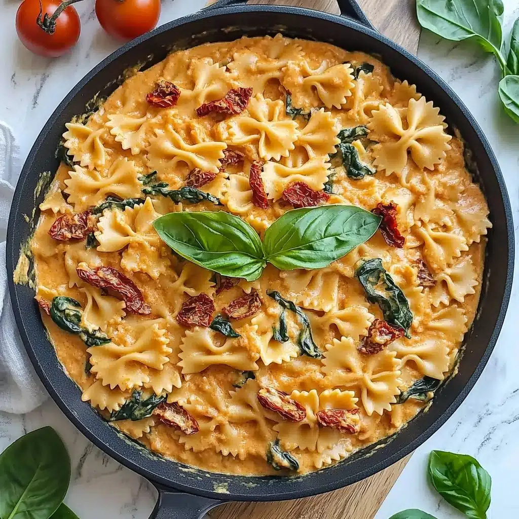 Marry Me Chicken Pasta, creamy chicken pasta, easy chicken pasta recipe, flavorful chicken dinner, weeknight pasta dish A black pan filled with creamy orange sauce-covered farfalle pasta layered with dark green spinach leaves and chunky pieces of red sun-dried tomatoes, all mixed evenly throughout, with a couple of fresh bright green basil leaves placed on top as garnish; the pan is set on a white marbled surface with some fresh basil leaves scattered around and a wooden board with bright red tomatoes in the background, next to a white and gray striped cloth.