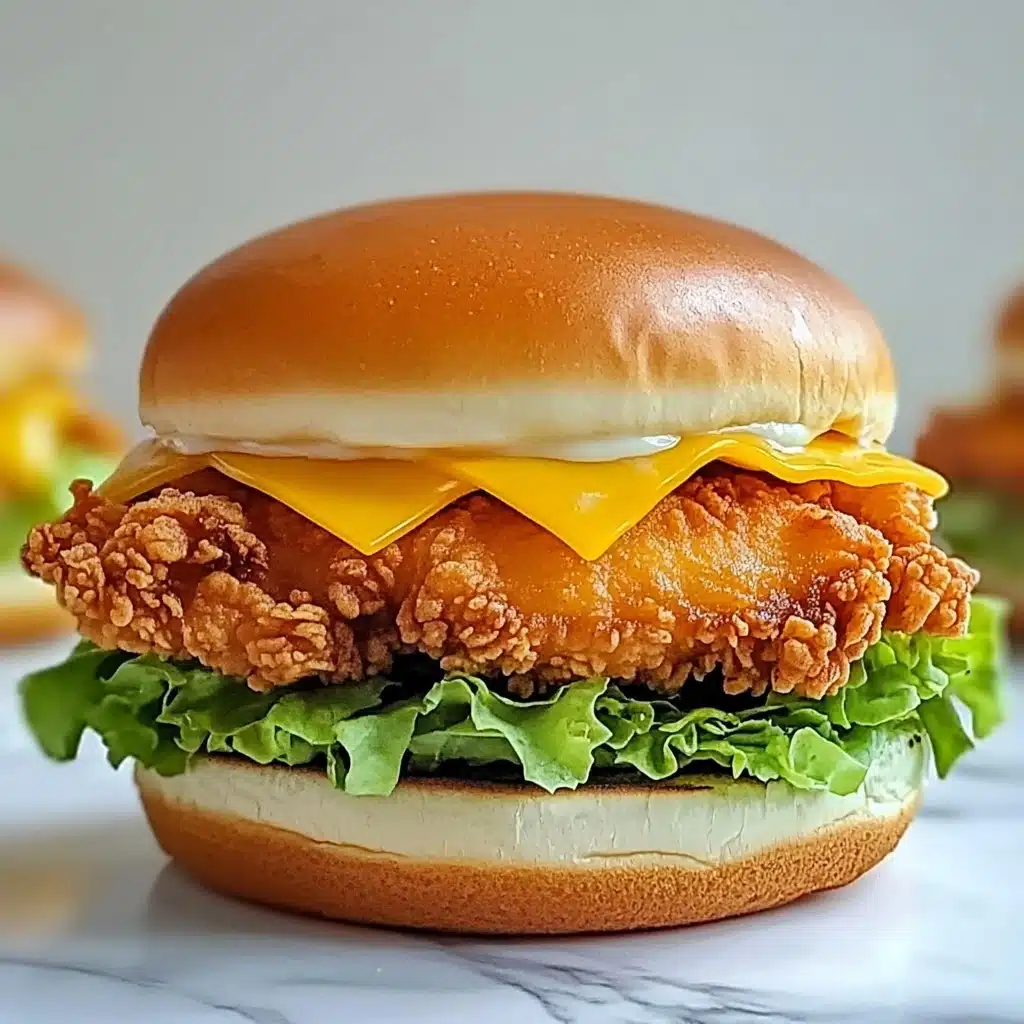 Spicy Crispy Chicken Burger, spicy chicken burger recipe, crispy chicken sandwich, spicy chicken sandwich, homemade chicken burger A thick sandwich on a soft, shiny brown bun has four layers inside; the bottom layer is fresh dark green leafy lettuce above the bottom bun, the next is two pieces of golden crispy fried chicken with a rough texture, followed by two smooth, bright orange cheese slices partly melted, and on top is a creamy pale yellow mac and cheese with some green from small lettuce pieces visible. The sandwich sits on a round wooden board against a white marbled surface.