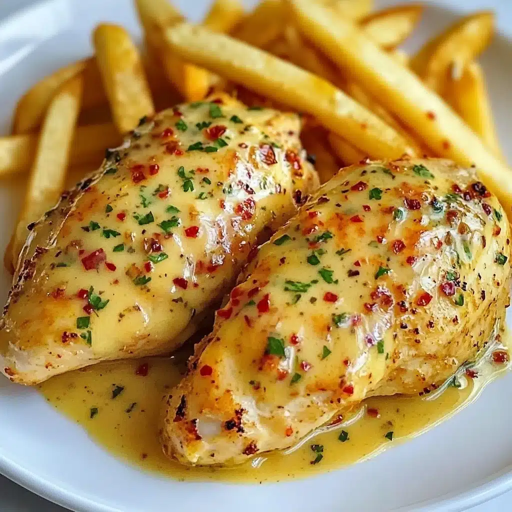 Spicy Creamy Garlic-Parmesan Chicken A white plate on a white marbled surface holds two cooked chicken pieces covered in a thick yellow sauce with visible red chili flakes and chopped green herbs sprinkled on top, with the sauce pooling around the chicken. Behind the chicken, there is a pile of golden crispy French fries, each stick-shaped and slightly browned. The chicken pieces have a smooth and shiny texture, and the sauce looks creamy and rich.