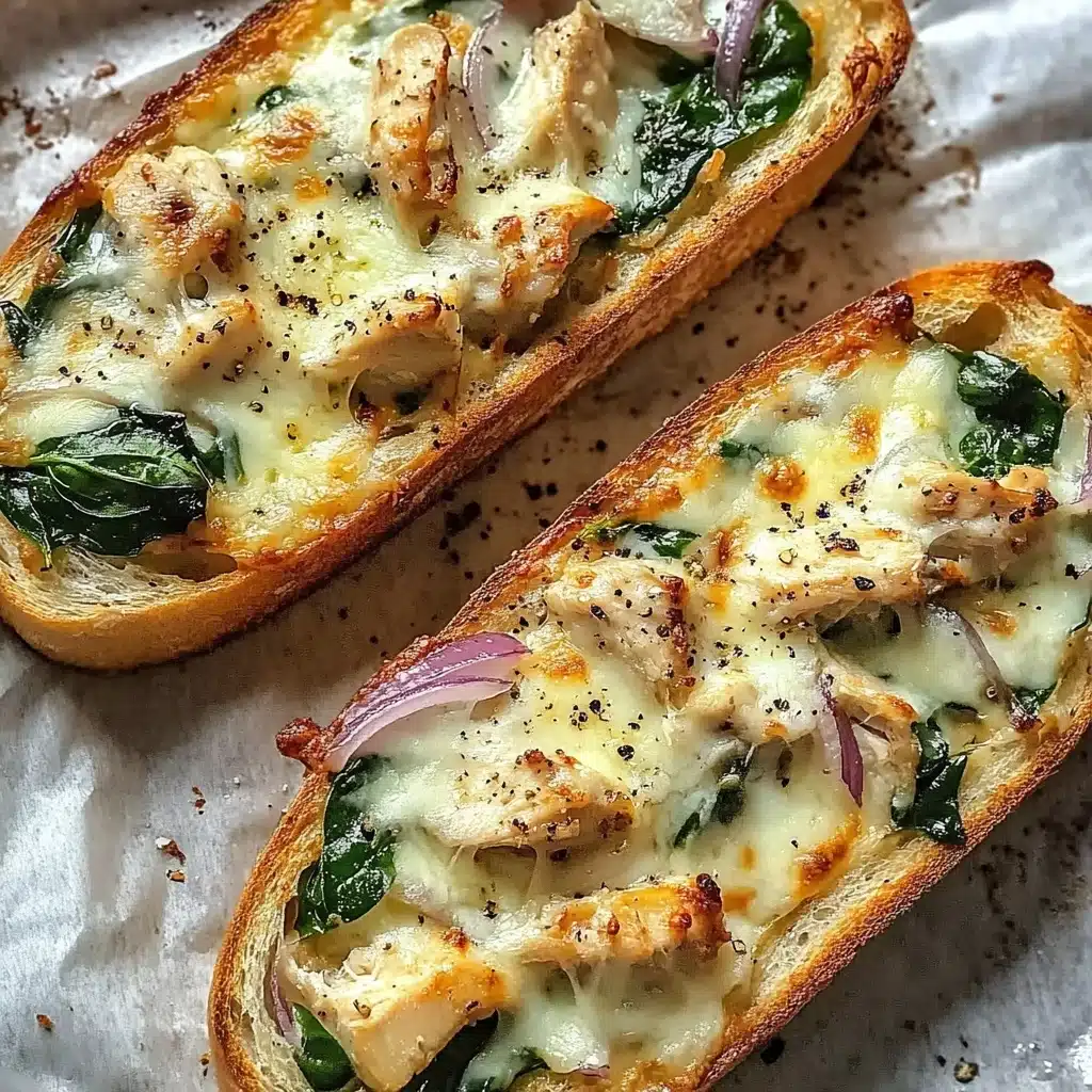 French Bread Chicken Alfredo Pizza, easy chicken pizza, creamy Alfredo pizza, quick weeknight dinner, gourmet pizza with French bread Two long pieces of toasted bread lie on a white marbled surface, each topped with melted white cheese that is slightly browned in spots. Under the cheese are wilted dark green spinach leaves and small strips of light beige chicken. Thin slices of purple onion are scattered evenly on top, along with a sprinkle of black pepper. The bread edges are golden brown and crispy, showing a rough texture.