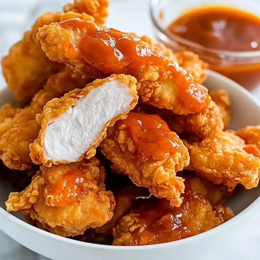 Hot Honey Chicken Tenders, spicy honey chicken tenders, crispy chicken tenders with hot honey, easy honey glazed chicken tenders, flavorful chicken tenders for dinner A white plate holds a pile of golden brown fried chicken strips, some of which are covered with a bright orange spicy sauce that looks sticky and shiny. On the top, one chicken strip is broken in half showing soft white inside. A small clear glass bowl with more orange sauce sits on the side of the plate. The plate is placed on a white marbled surface.