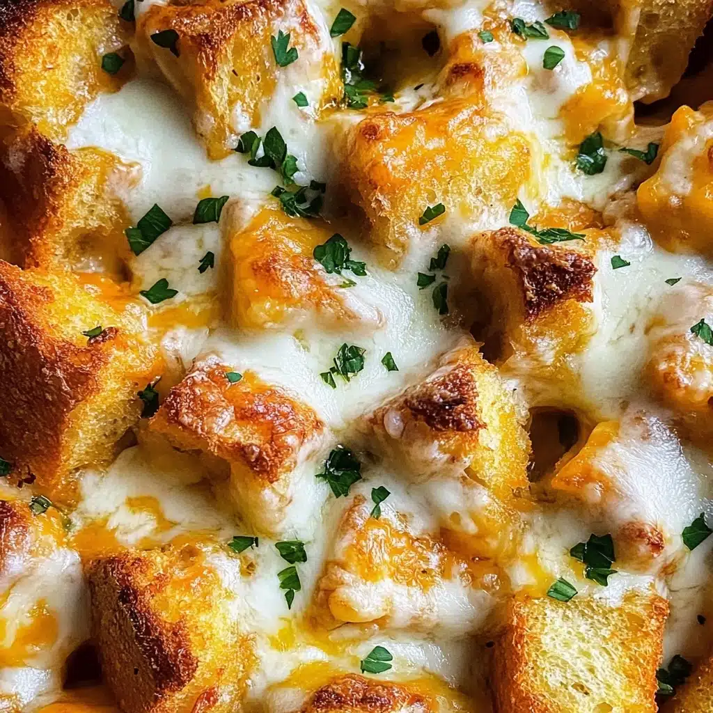 Tandoori Chicken Garlic Bread, Indian-inspired garlic bread, spicy chicken garlic bread, flavorful tandoori chicken recipes, easy savory garlic bread The dish shows a close-up of a bread and cheese bake with multiple irregular bread pieces that have a golden brown, crispy crust with some toasted dark spots. Each piece is covered and filled with melted white and orange cheese that looks smooth and creamy, slightly bubbling in places. Small bits of chopped green herbs are scattered across the top, adding a fresh touch. The bread appears soft and airy inside, contrasting with the crunchy edges. The background beneath the dish is a white marbled texture.
