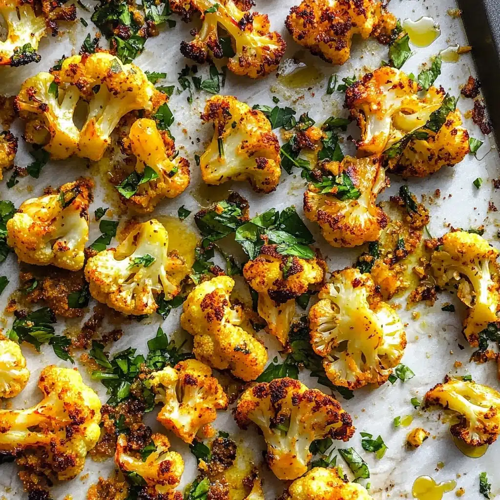 Crispy Parmesan Roasted Cauliflower, roasted cauliflower side dish, cheesy vegetable recipes, easy healthy side dishes, flavorful cauliflower recipes A large white bowl filled with roasted cauliflower pieces that are golden brown with crispy edges and a sprinkle of green herbs on top. There is a lemon wedge placed at the top right inside the bowl, adding a bright yellow color contrast. The cauliflower pieces show a mix of light to dark browns with slightly charred spots, creating a rustic and appetizing look. The white marbled surface underneath the bowl is softly lit with natural light.