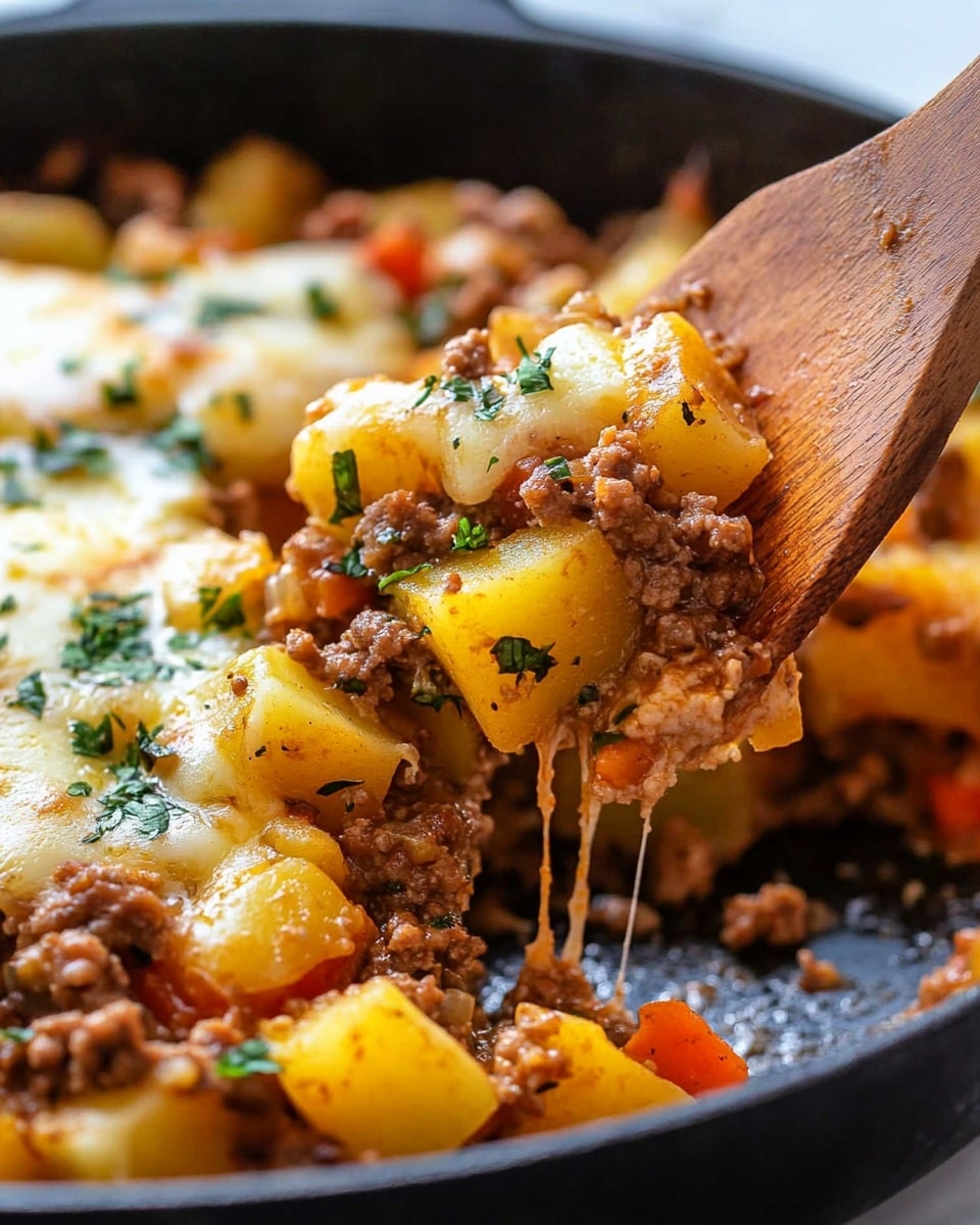 Mexican Ground Beef and Potato Skillet, Mexican beef and potato dish, easy Mexican skillet recipe, spicy ground beef skillet, hearty Mexican beef skillet The image shows a close-up of a cooked dish in a black pan, with chunks of yellow potatoes mixed with browned ground meat, small pieces of red bell pepper, and melted strands of cheese that stretch as a wooden spatula lifts some of the food. Tiny green herb pieces are sprinkled on top, adding a touch of color. The texture looks soft and slightly crispy on the potatoes, mixed with the crumbly meat and smooth melted cheese. The background is a white marbled texture.