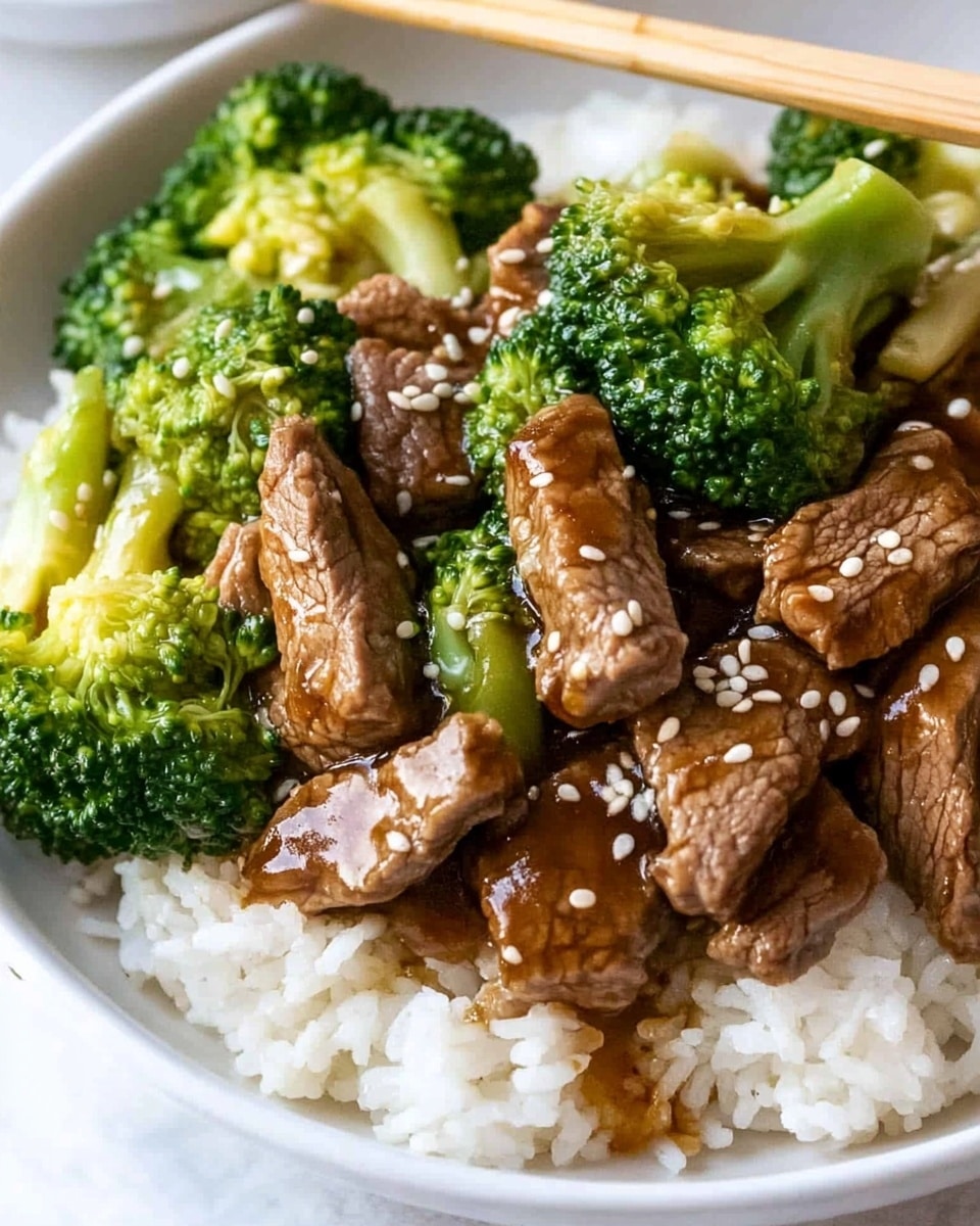 Chinese Beef and Broccoli Stir Fry, beef broccoli stir fry recipe, easy Chinese stir fry, quick beef and broccoli dish, savory Asian stir fry The image shows a close-up of a dish with dark brown sauce, tender slices of cooked brown beef, and bright green broccoli florets. The beef pieces are mixed evenly with the broccoli and are coated in a shiny, thick sauce. White sesame seeds are lightly sprinkled on top, adding texture and contrast. A silver spoon is scooping the food from a white bowl, and the background is a white marbled surface.