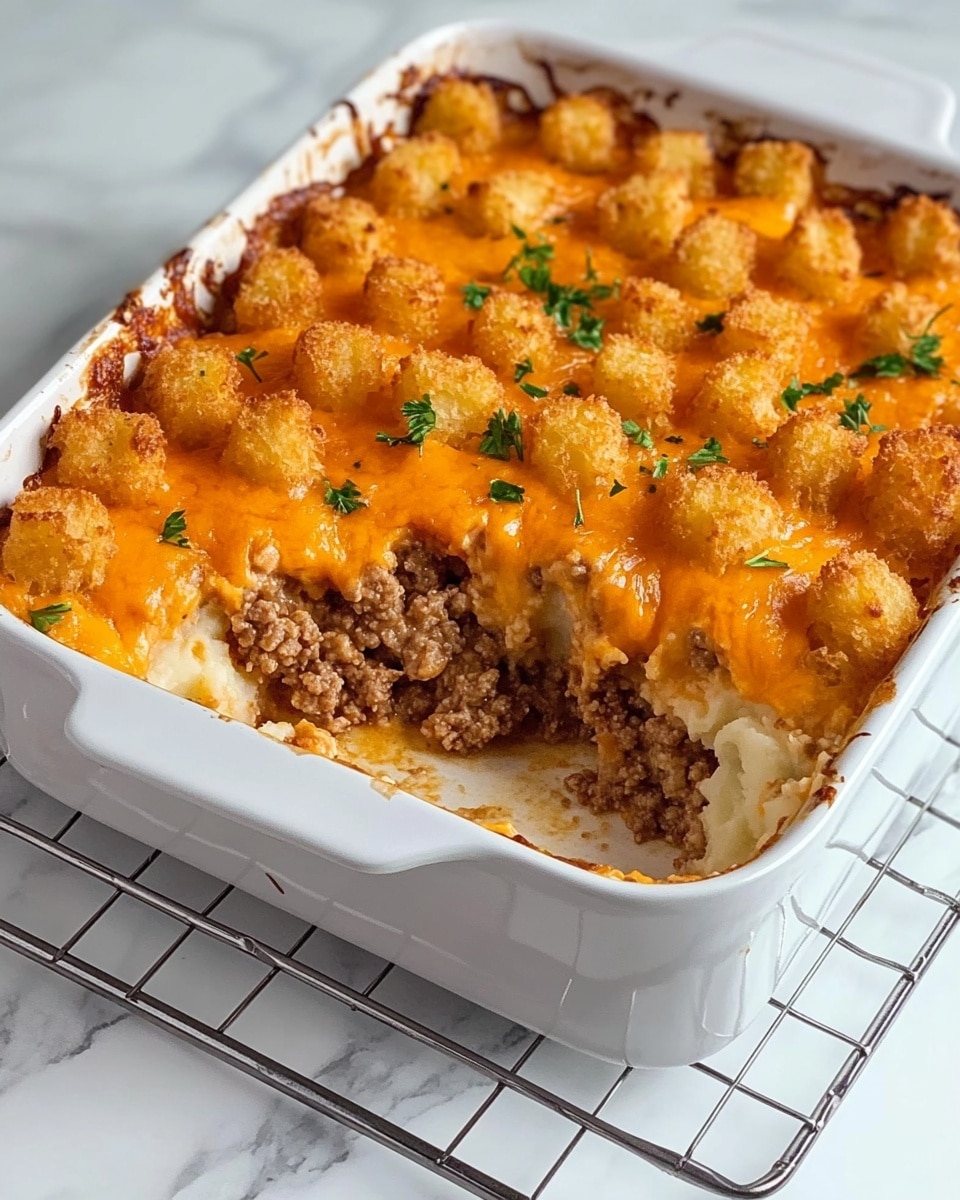 Tater Tot Casserole, Cheesy Tater Tot Bake, Ground Beef Tater Tot Casserole, Easy Tater Tot Casserole, Comfort Food Tater Tot Dish The image shows a rectangular white baking dish with a layered casserole that has a missing portion taken out from one corner. The bottom layer is brown cooked ground meat, topped by a layer of creamy white mashed potatoes, and finished with golden-orange crispy tater tots spread evenly on top. Small green herb pieces are sprinkled over the tater tots for garnish. The dish is placed on a metal cooling rack on a white marbled surface.