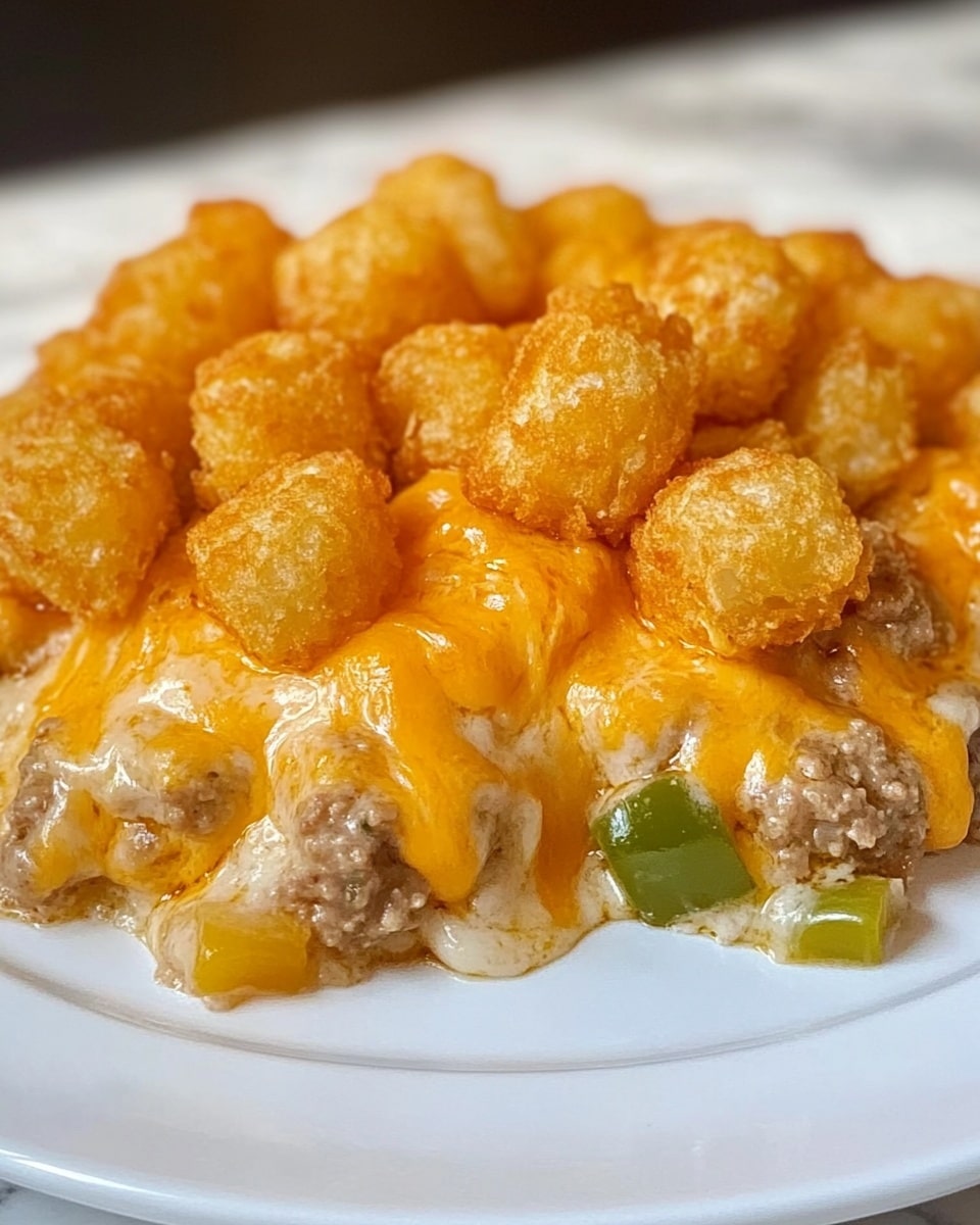 Tater Tot Casserole, Cheesy Tater Tot Bake, Ground Beef Tater Tot Casserole, Easy Tater Tot Casserole, Comfort Food Tater Tot Dish This dish is layered with crispy golden brown tater tots on the top, showing a rough texture with small browned spots. Beneath the tater tots is a layer of melted bright orange cheddar cheese that oozes slightly between the tots. Under the cheese, there is a creamy white sauce mixed with small pieces of browned ground beef and soft green bell pepper slices. The mixture sits on a white plate with a subtle textured rim, placed on a white marbled surface. The layers create a soft, gooey look where cheese and sauce mix, contrasting with the crunchy tater tots on top.