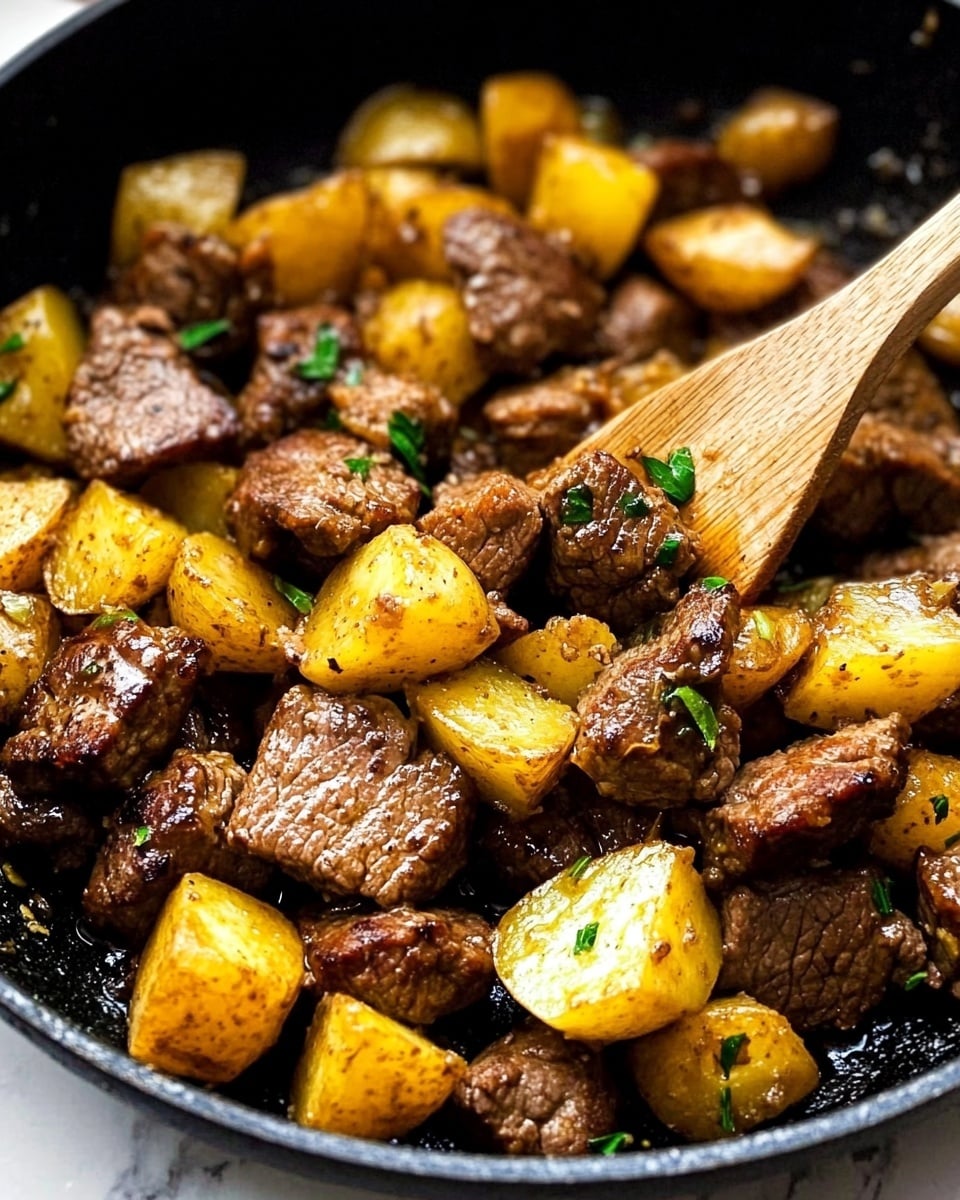Garlic Butter Steak Bites and Potatoes, steak and potatoes skillet, easy steak dinner, garlicky steak bites, quick comfort food This image shows a close-up of a black pan filled with small pieces of browned beef mixed with golden-yellow potato chunks. The beef and potatoes have a slightly crispy texture with visible seasoning, including small green herbs and coarse salt sprinkled on top. The pan sits on a white marbled surface, and a wooden spatula is partially visible on the right side, stirring the mixture. The colors are warm, with the beef in shades of brown and the potatoes in bright yellow, creating a rustic and hearty feel.